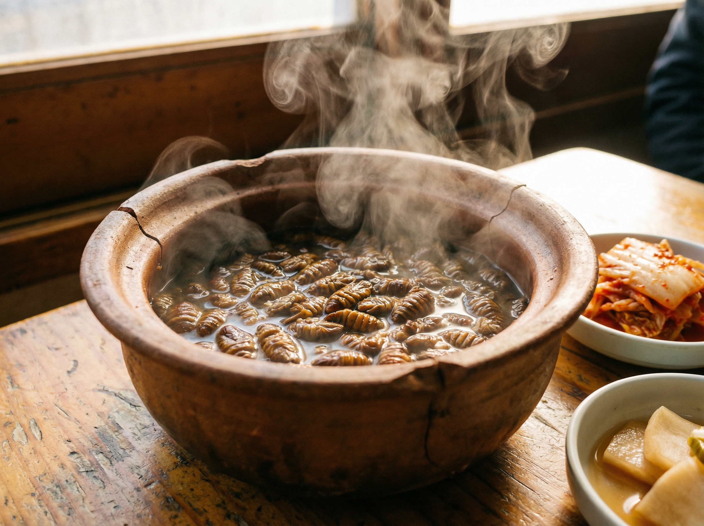 A steaming hot bowl of traditional Korean boiled silkworm pupae served in a rustic earthenware pot, warm lighting, natural steam rising, macro photography, 4:3 aspect ratio, no text