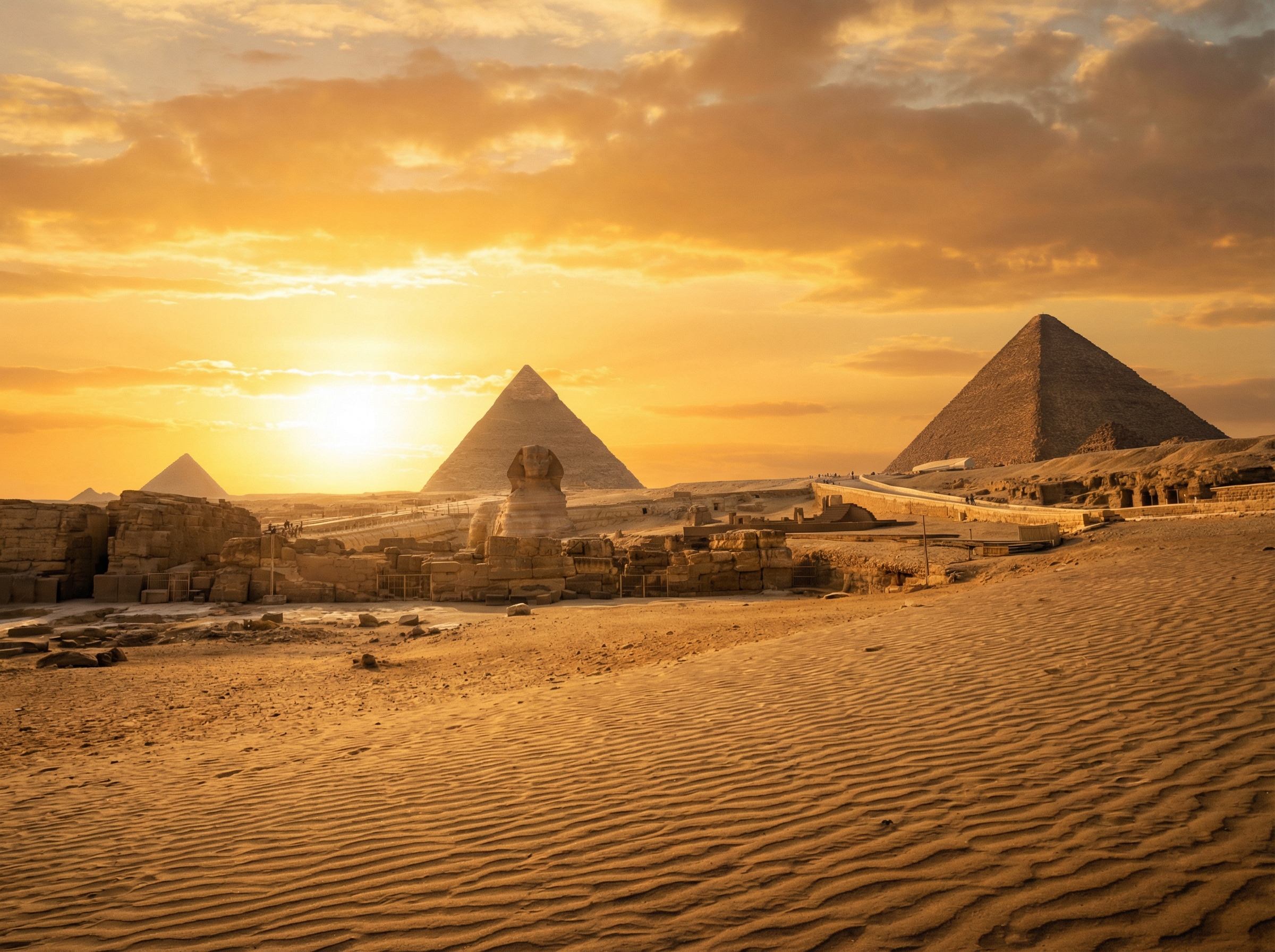 A wide landscape shot of the Great Sphinx and the Pyramids of Giza under a bright golden sunset, cinematic lighting, high resolution, realistic photography, desert sands in the foreground, 4:3
