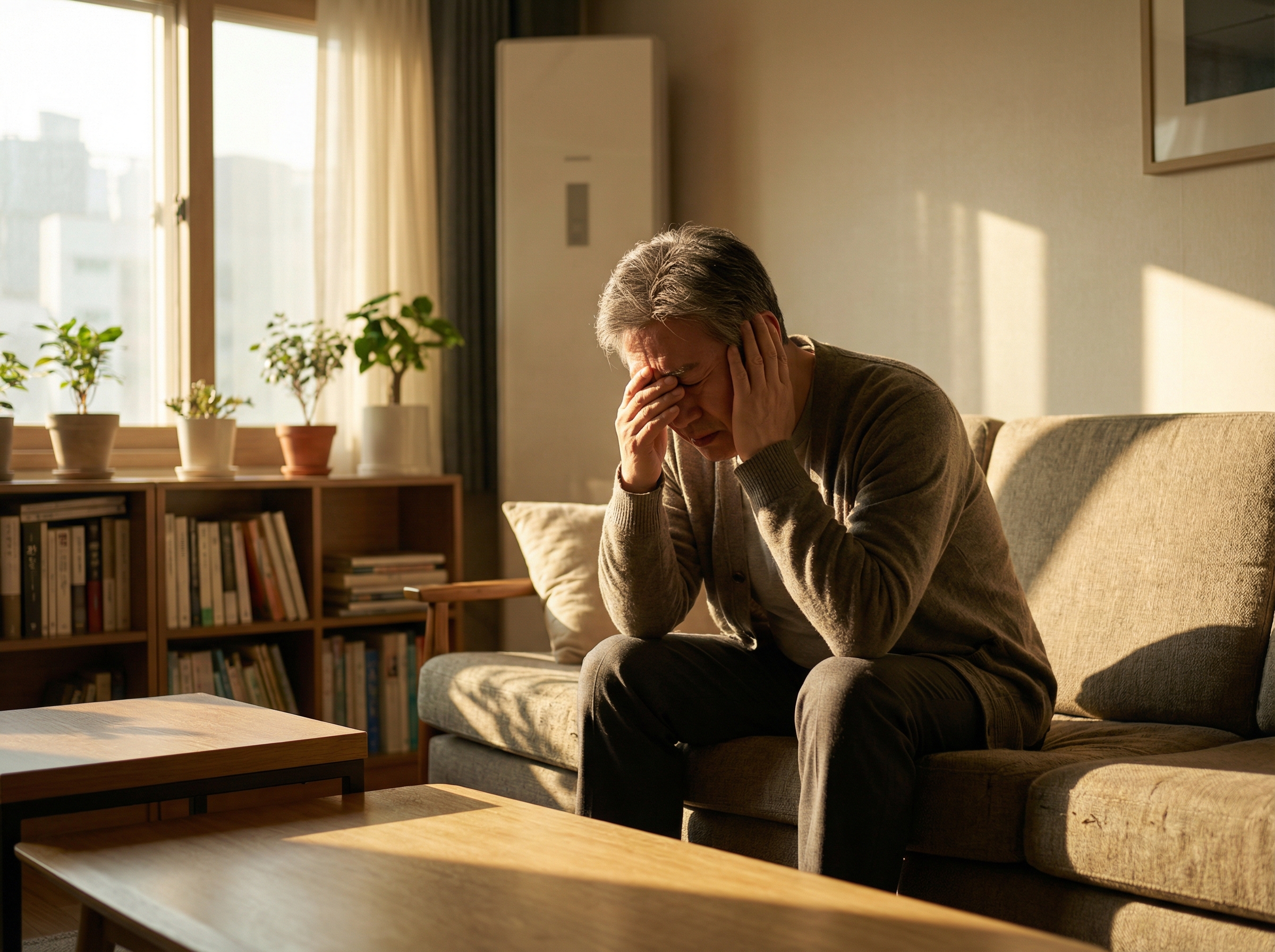 A middle aged Korean man sitting on a sofa in a living room holding his head with a painful expression morning sunlight coming through the window realistic photography natural lighting 4:3 aspect ratio no visible text