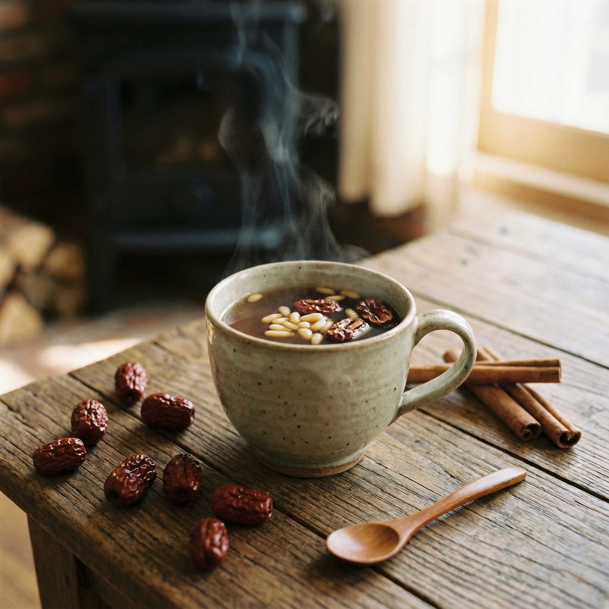 A steaming cup of traditional Korean jujube tea in a ceramic mug, placed on a wooden table with some dried jujubes scattered around, warm and cozy indoor atmosphere, soft lighting, 1:1 aspect ratio, no text.