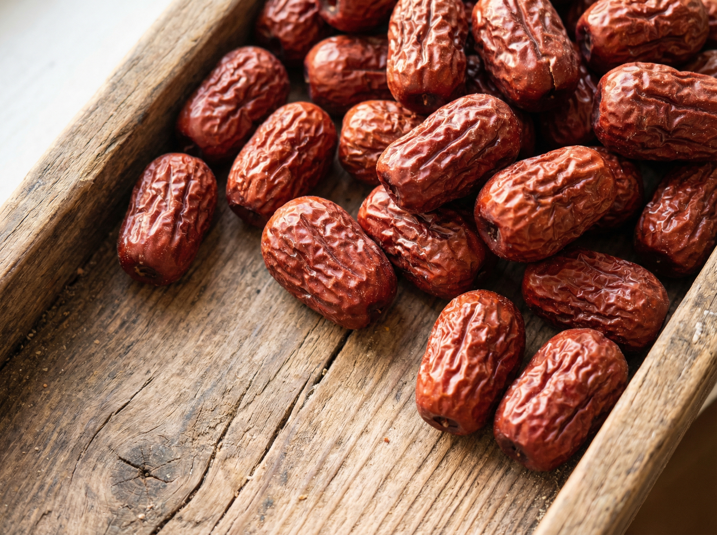 A high-quality macro shot of several dried red jujubes on a traditional wooden tray, natural texture, rich reddish-brown color, bright and clean presentation, 4:3 aspect ratio, no text.
