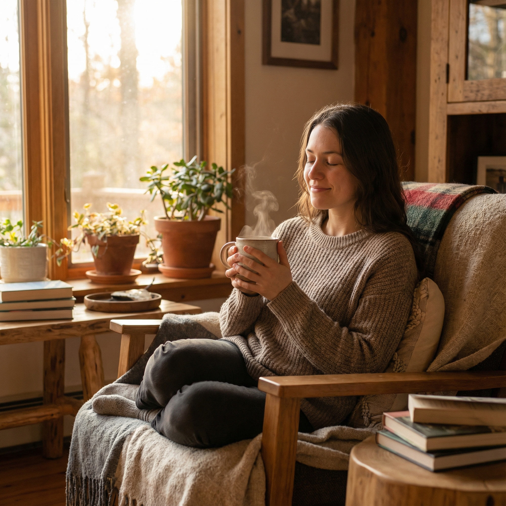 A person looking peaceful and relaxed, holding a warm mug with both hands, soft afternoon sunlight coming through a window, serene lifestyle photography, 1:1 aspect ratio, no text.