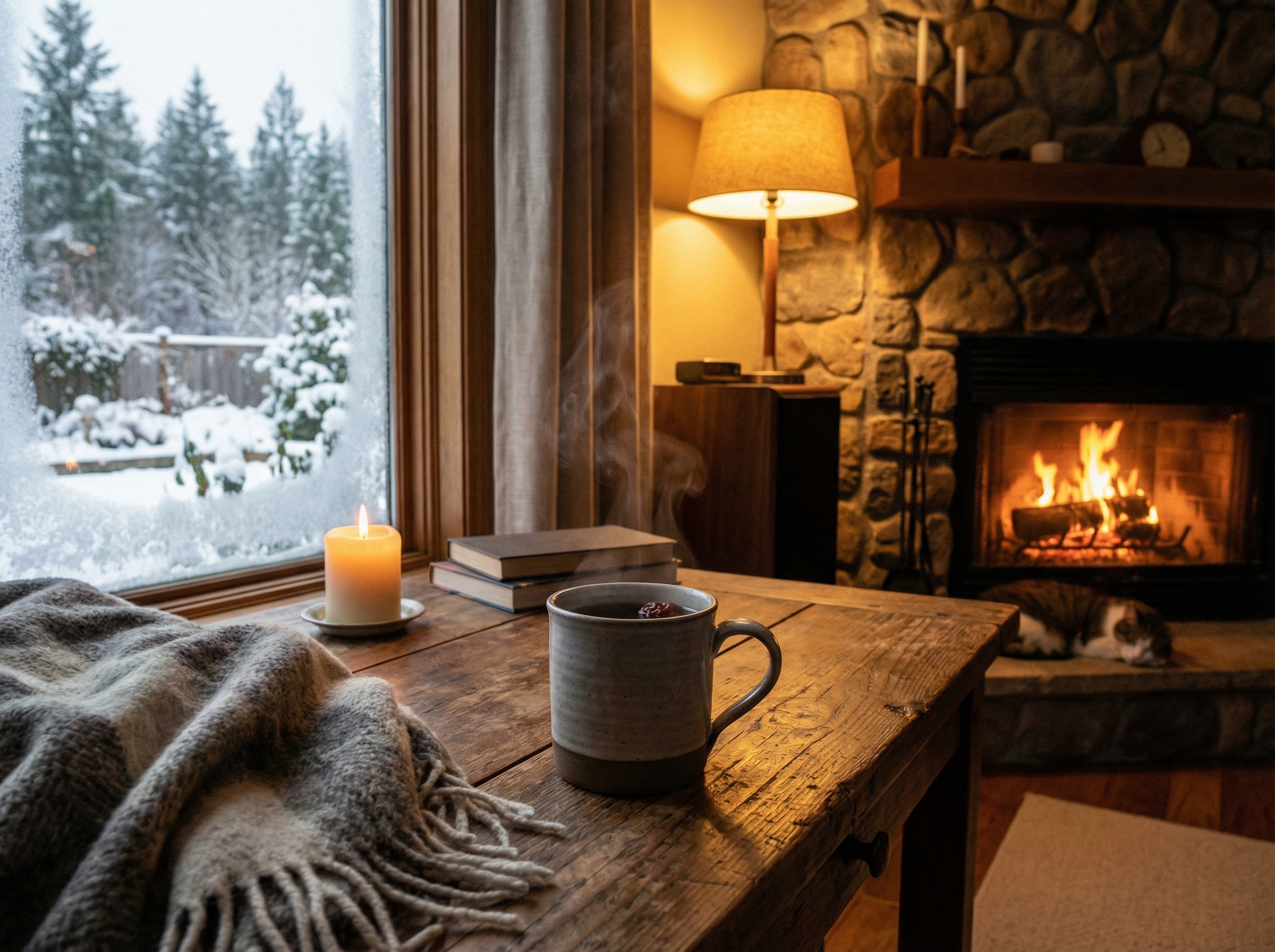 A cozy winter indoor scene, a mug of dark jujube tea on a table next to a window with soft snowy scenery outside, warm lighting, detailed and realistic composition, 4:3 aspect ratio, no text.