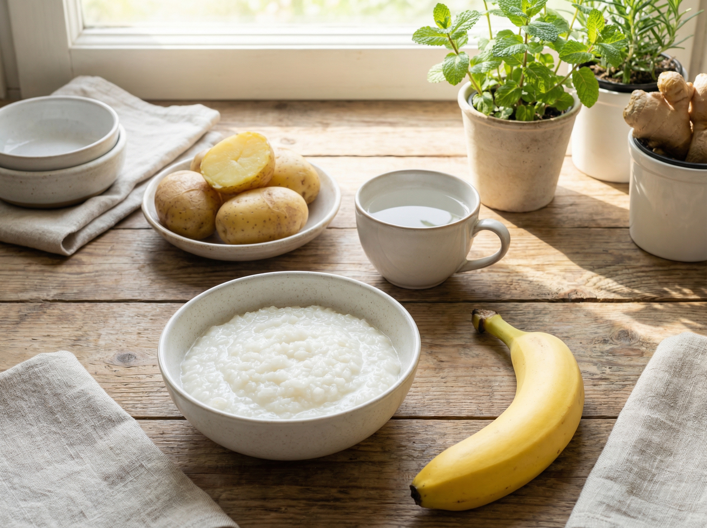 A flat lay photography of healthy foods for digestion, including a bowl of plain white rice porridge, a ripe yellow banana, steamed potatoes, and a cup of warm water, bright and clean kitchen setting, natural sunlight, 4:3