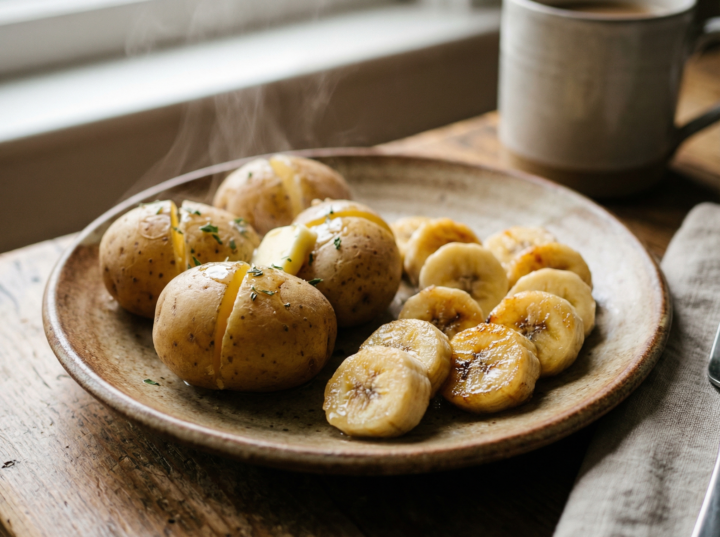 Close up shot of steamed potatoes and sliced bananas on a simple ceramic plate, soft lighting, warm and comforting atmosphere, realistic food photography, 4:3