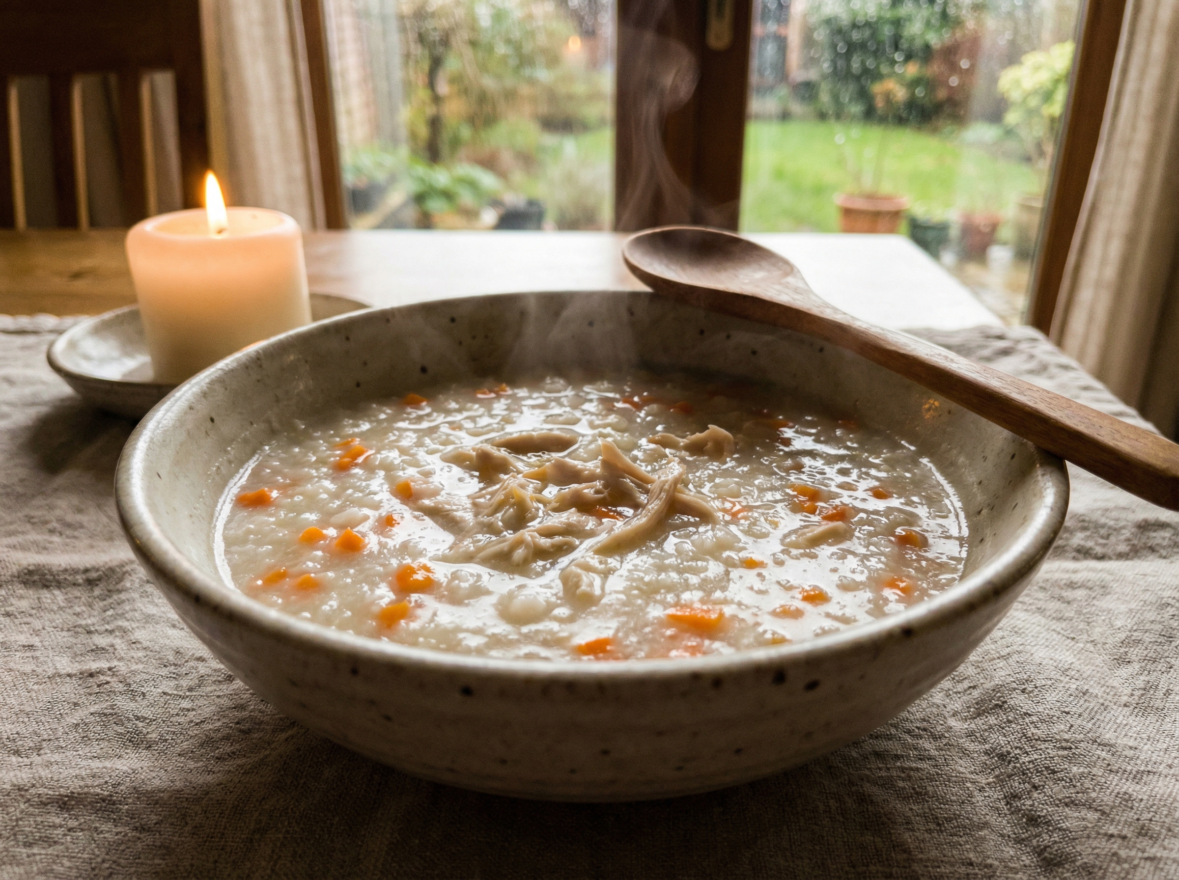 A warm bowl of chicken porridge with finely chopped carrots, steam rising subtly, wooden spoon resting on the side, cozy home dining atmosphere, 4:3
