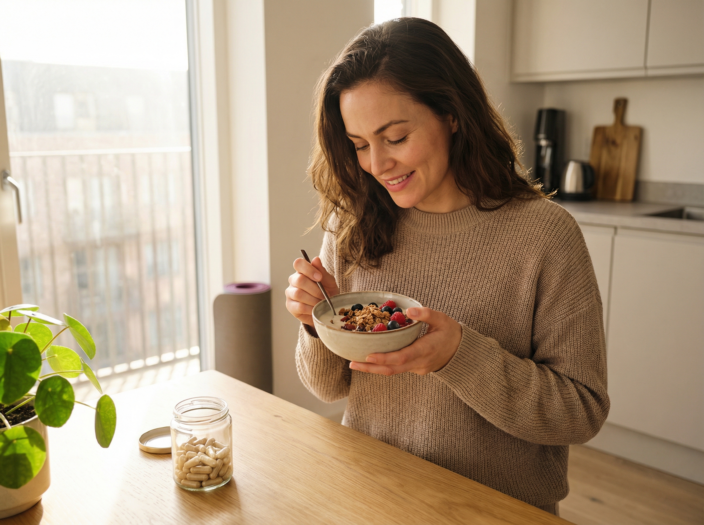 Modern lifestyle shot of a person holding a small yogurt bowl or a health supplement, bright morning light through window, focus on health and wellness, 4:3