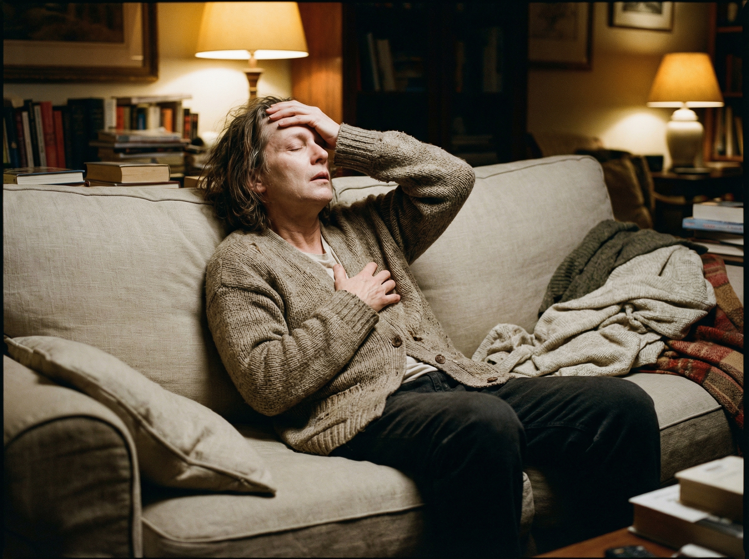 A middle-aged person sitting on a sofa, looking distressed and holding their chest with one hand while the other hand touches their forehead as if feeling dizzy. Warm but slightly moody indoor lighting, realistic lifestyle photography style, 4:3 aspect ratio, no text.