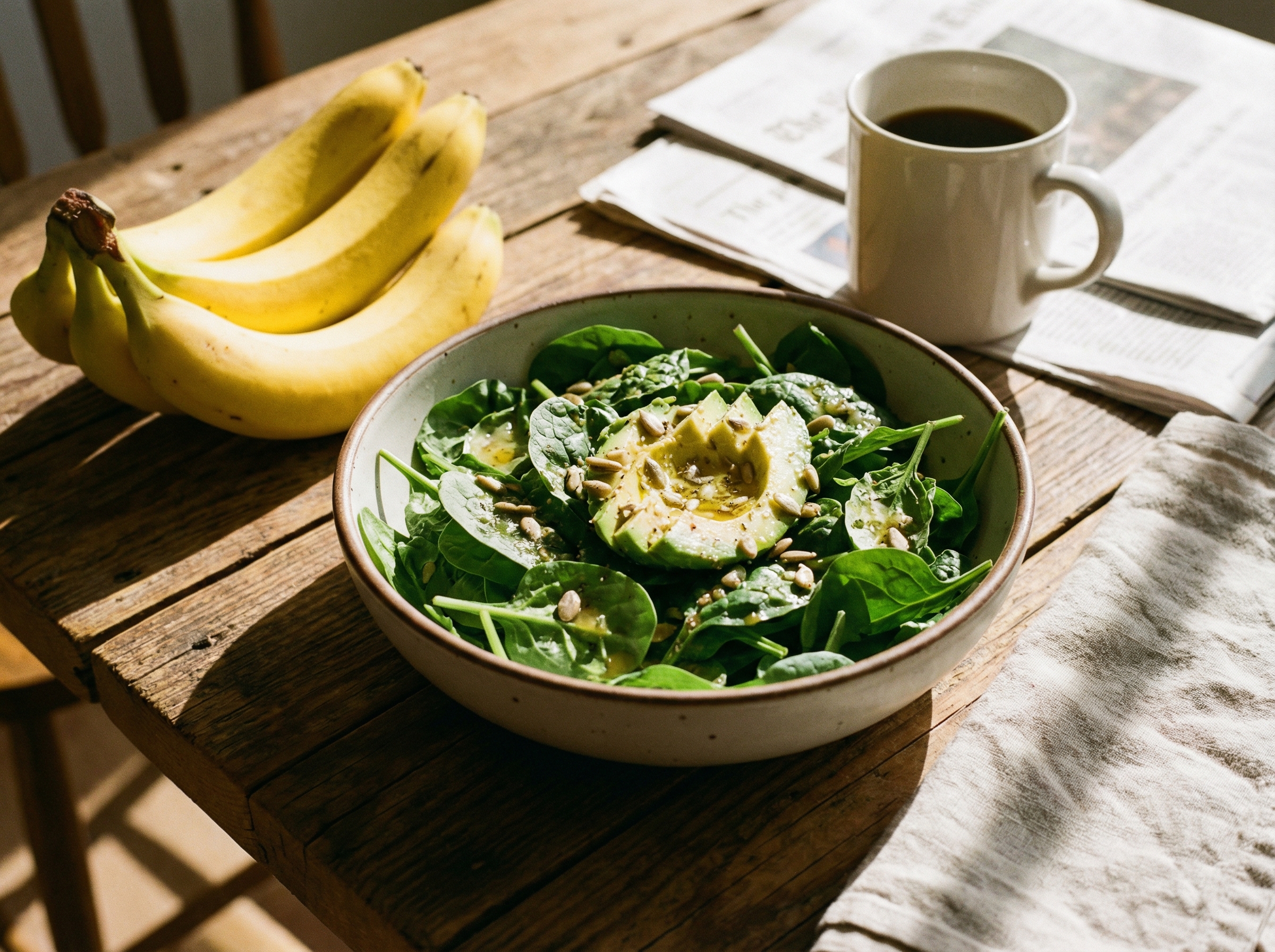 A healthy breakfast scene featuring a bowl of fresh green spinach salad and ripe yellow bananas on a sunny morning table. High contrast, realistic lifestyle photography, 4:3 aspect ratio, no text.