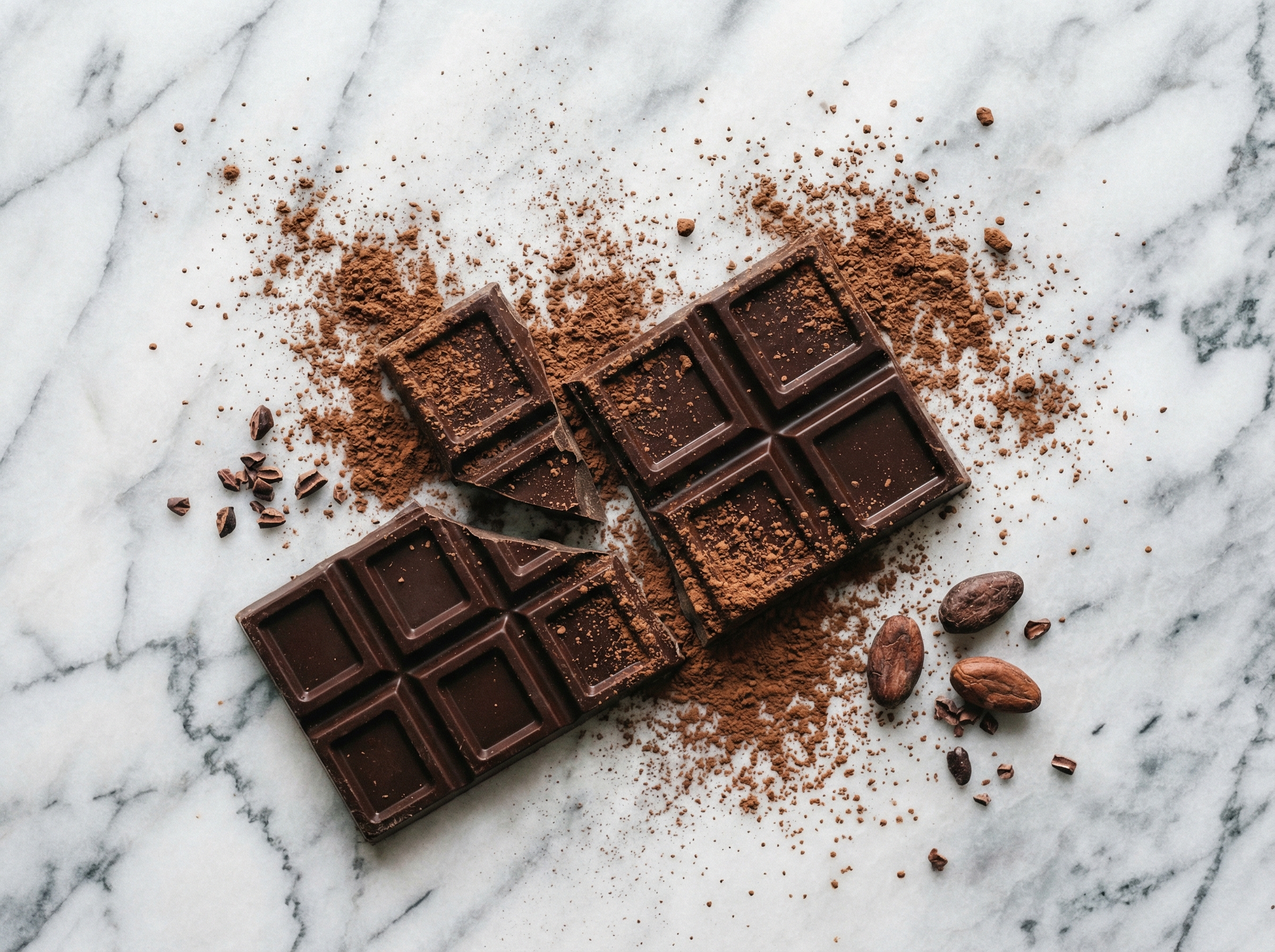 High quality macro photography of dark chocolate pieces with high cocoa content, artistic arrangement on a marble surface with some cocoa powder scattered around. 4:3 aspect ratio, no text.