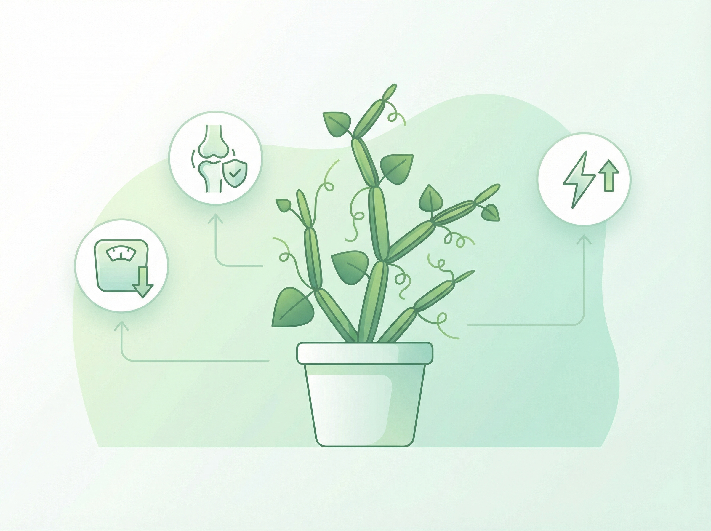 Modern infographic showing the green Cissus quadrangularis plant and icons representing weight loss, joint health, and energy, clean layout, soft green and white background, 4:3 aspect ratio, no text