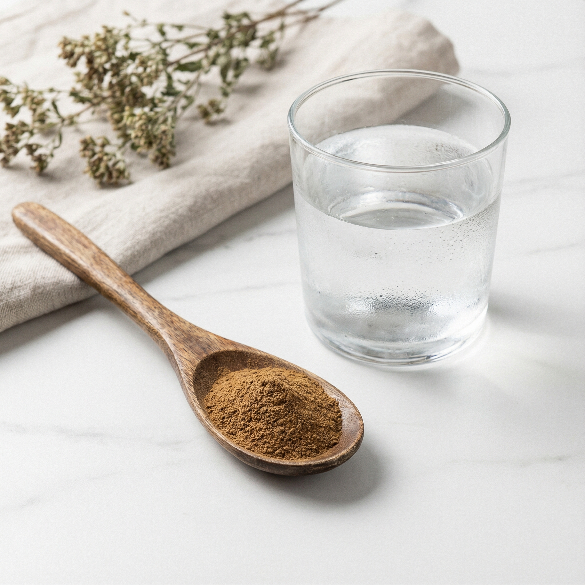 A wooden spoon holding fine brown Cissus powder placed next to a clear glass of water on a clean white marble countertop, minimalist healthy lifestyle setting, soft morning sunlight, 1:1 aspect ratio, no text