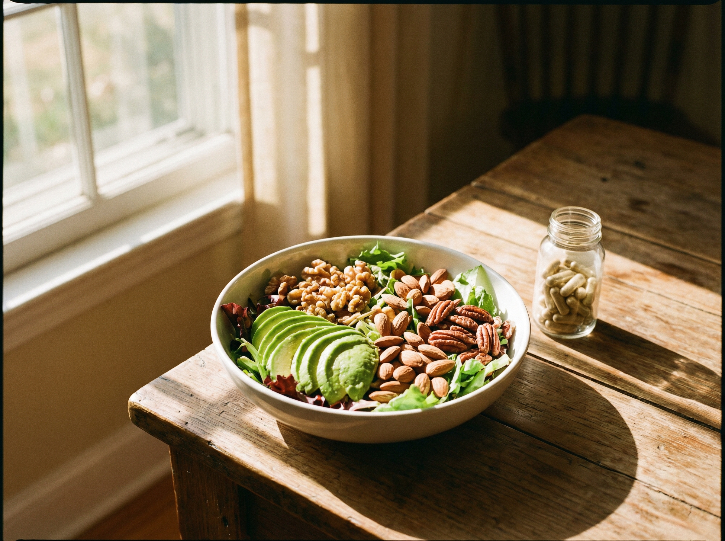 A vibrant fresh salad bowl with avocado and nuts on a wooden table, a small glass bottle of supplements nearby, warm natural lighting through a window, 4:3 aspect ratio, no text