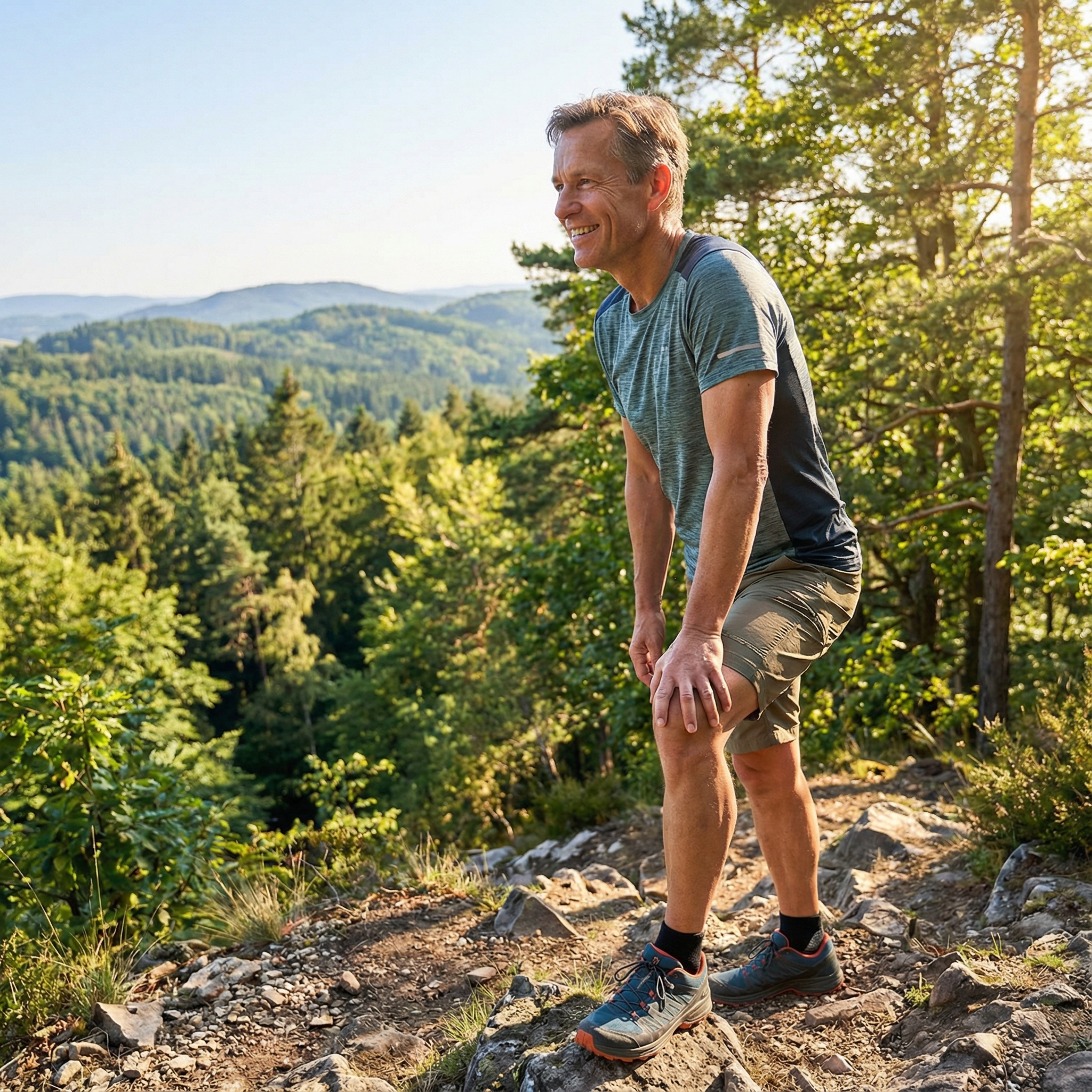 A healthy middle-aged person in athletic wear smiling while hiking on a sunny mountain trail, touching their knee comfortably, bright and energetic atmosphere, lush green background, 1:1 aspect ratio, no text