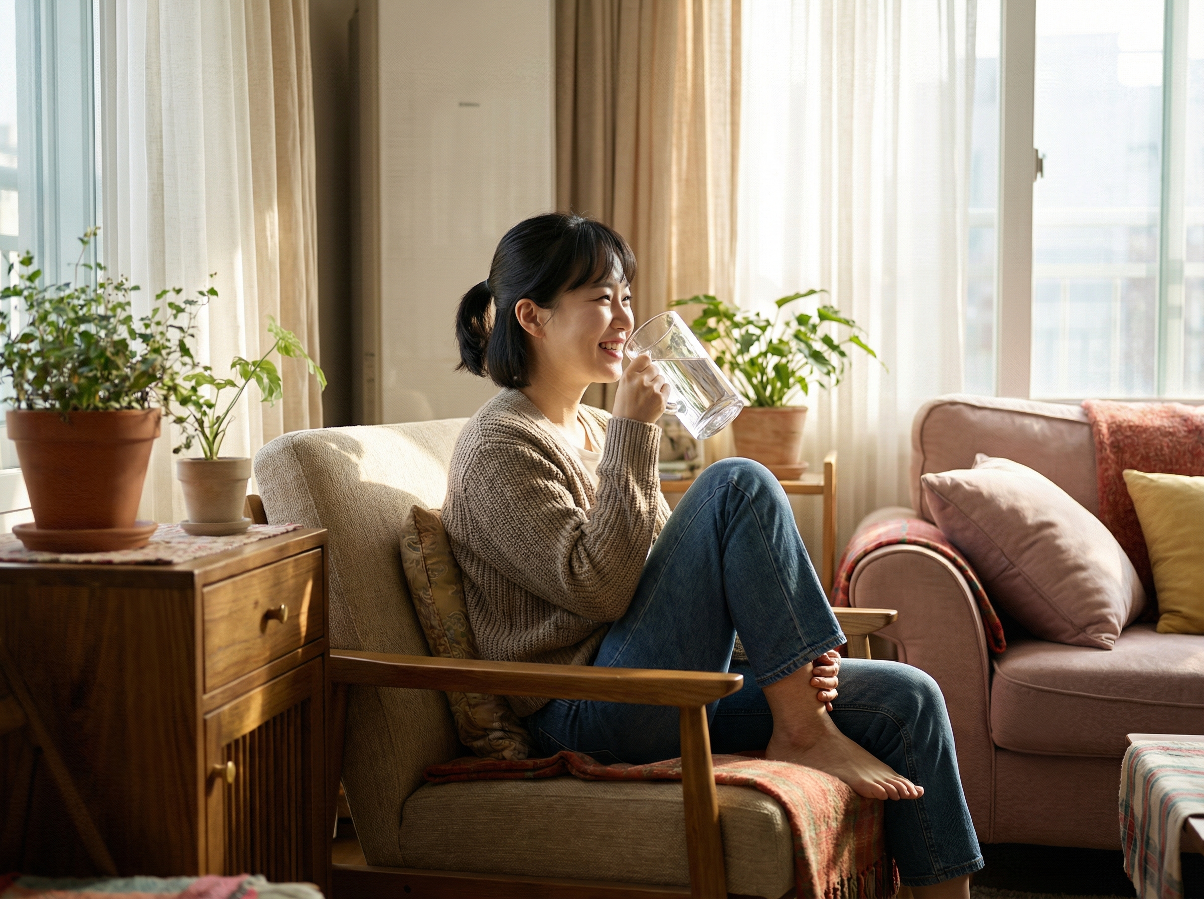 A healthy Korean woman sitting in a bright sunlit living room, happily drinking a large glass of clean water, lifestyle photography, warm and cozy atmosphere, high quality, 4:3 aspect ratio, no text.