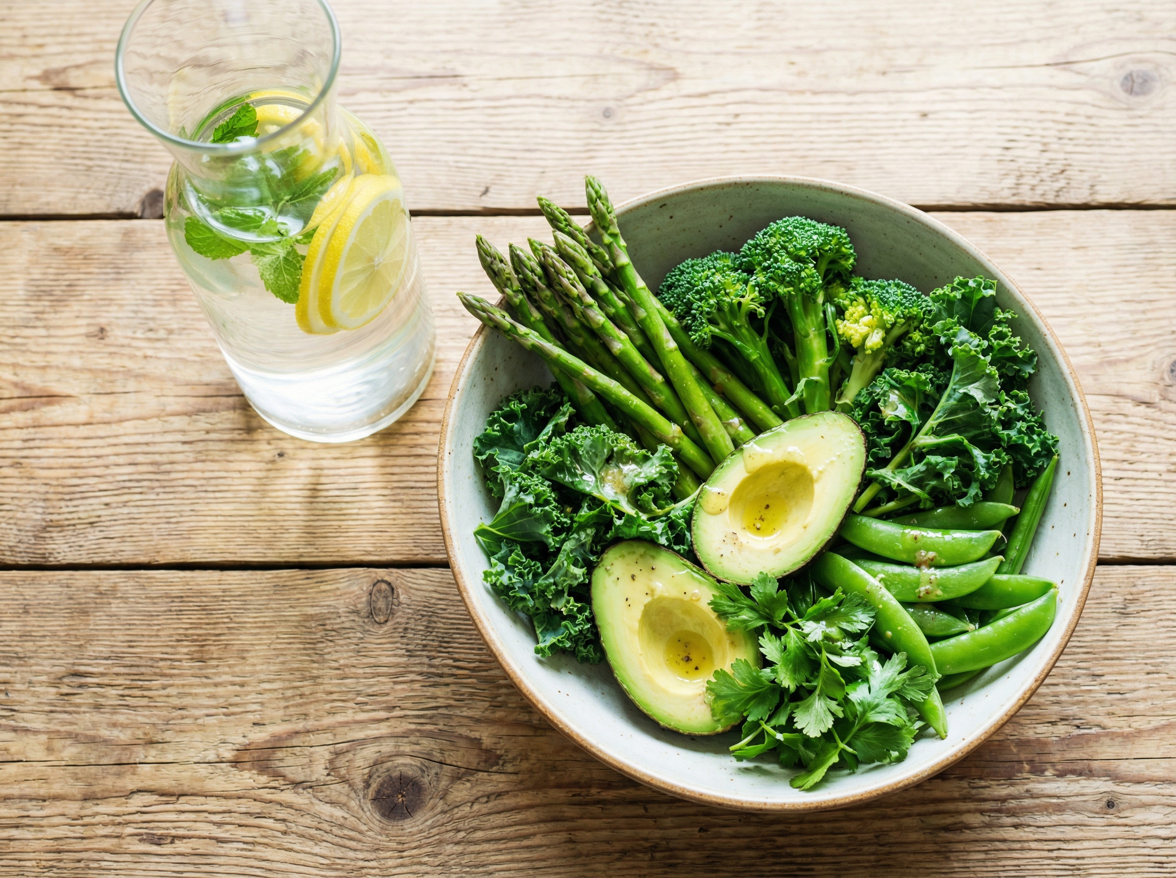 A high-angle shot of a healthy meal with fresh green vegetables and a carafe of clear water on a wooden table, bright and clean lighting, high resolution, 4:3 aspect ratio, no text.