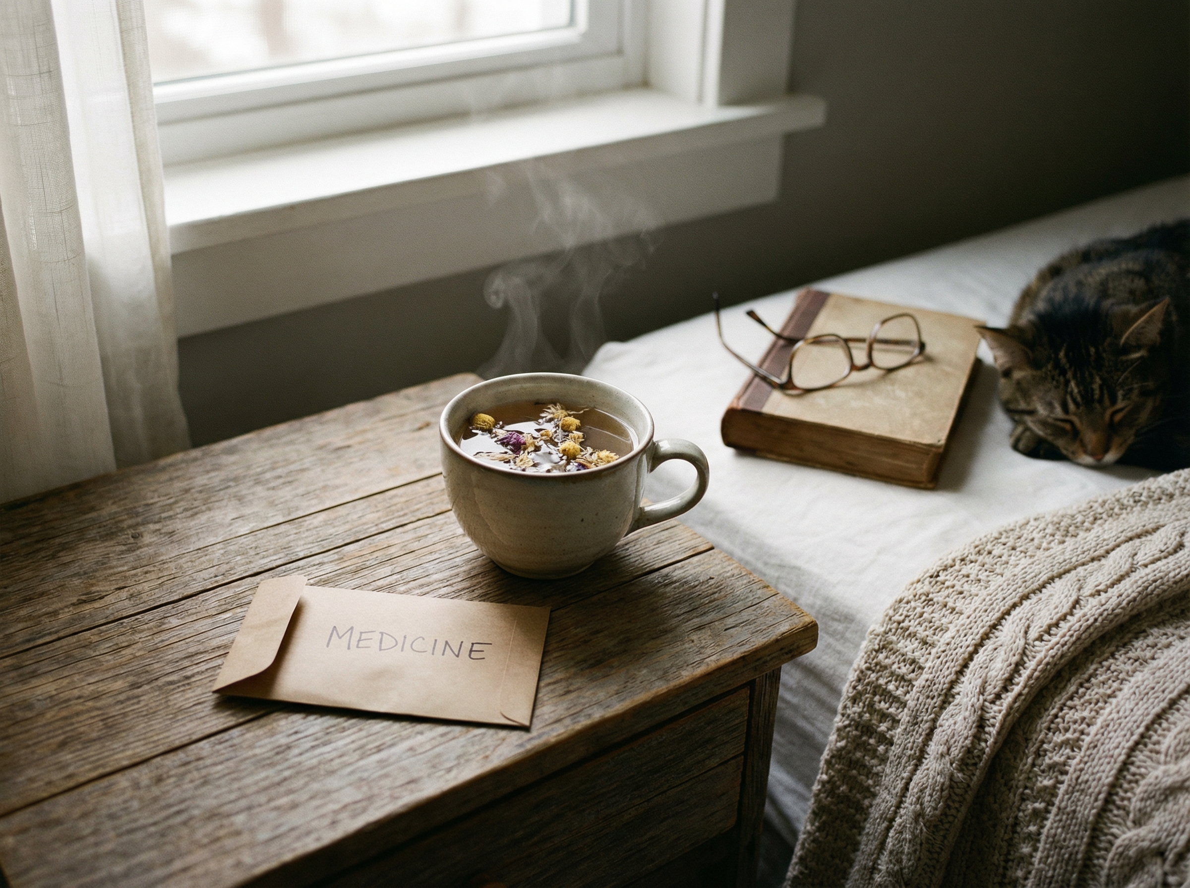 A cozy bedside table with a cup of warm herbal tea and a small envelope of medicine, soft morning light hitting the room, realistic and peaceful setting, 4:3 aspect ratio, no text.
