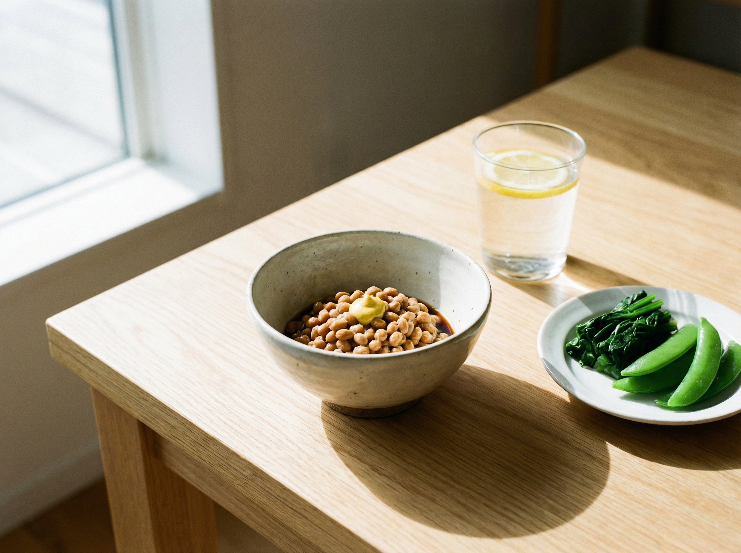 A clean and modern lifestyle shot of a ceramic bowl containing natto alongside a glass of water and some green vegetables on a bright kitchen table. The atmosphere is healthy and refreshing, high contrast, minimalist style, 4:3 aspect ratio, no text.