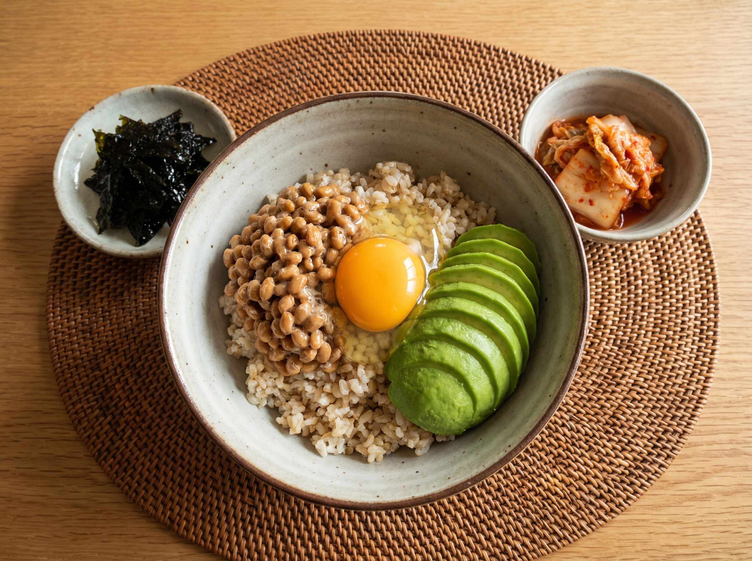 A top-down view of a healthy meal set including a bowl of brown rice topped with natto, a raw egg yolk, and sliced avocado. Side dishes include small portions of seaweed and kimchi. Realistic food styling, vibrant colors, warm lighting, 4:3 aspect ratio, no text.