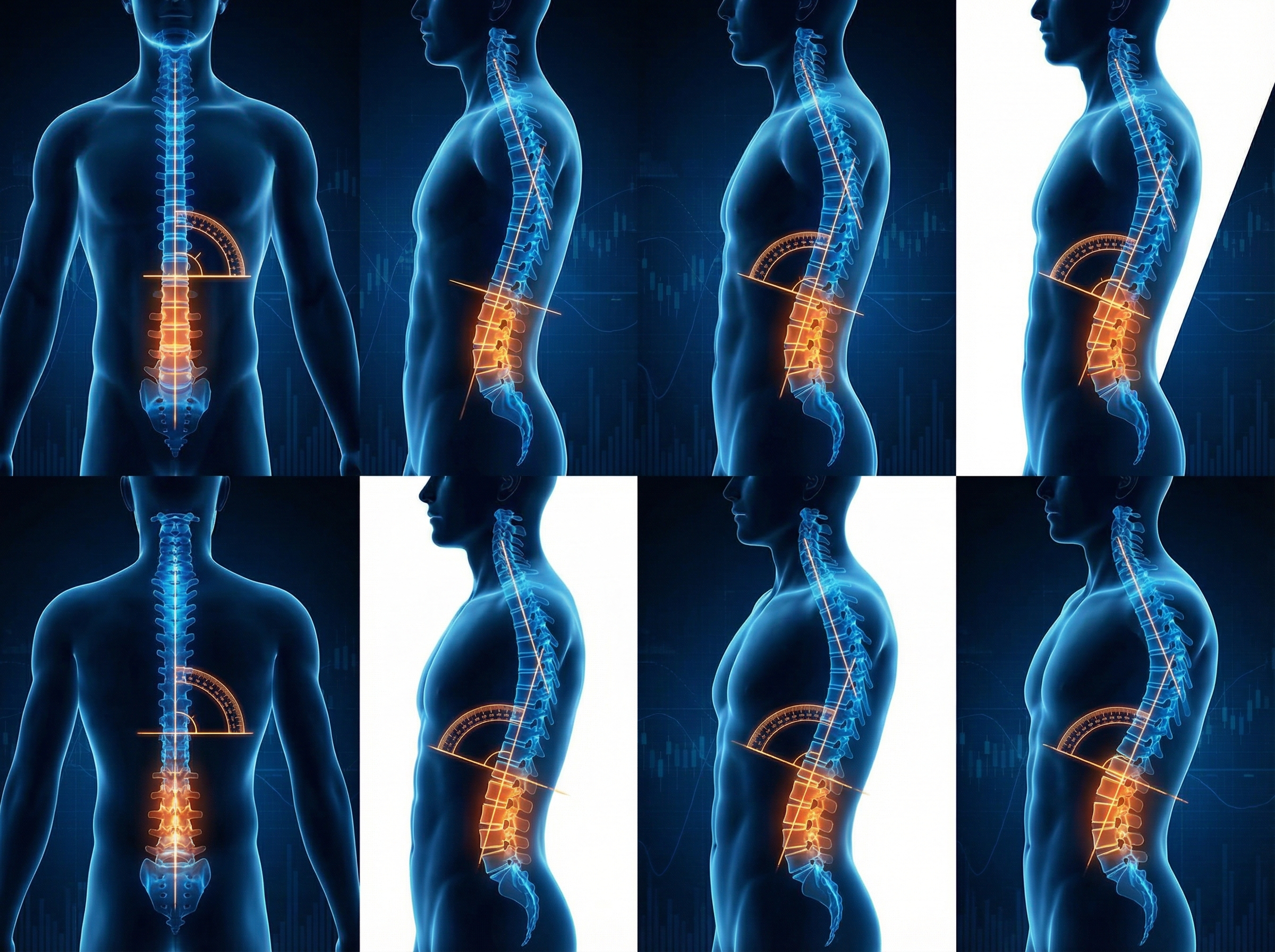 Clean medical infographic of a human spine showing different degrees of curvature, Cobb angle visualization, modern layout, high contrast, professional medical style, 4:3 --no text