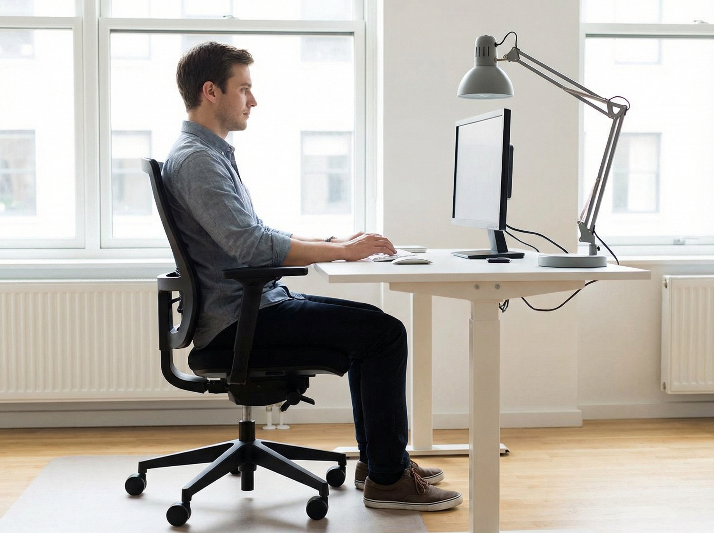 A person sitting at a desk with perfect posture, back straight against the chair, feet flat on floor, bright and balanced lighting, 4:3 --no text