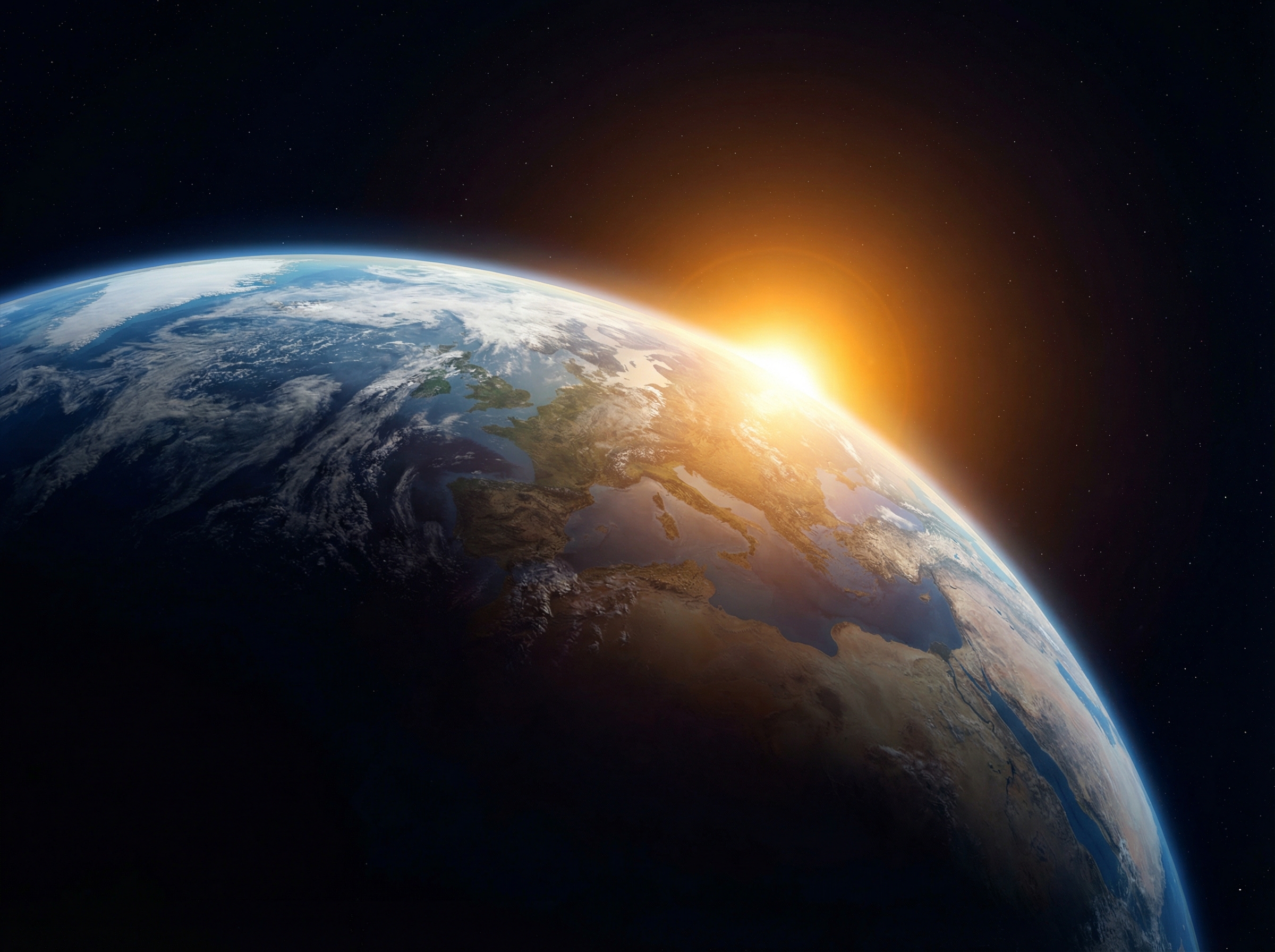 A realistic and cinematic view of planet Earth floating in the vast space, glowing sun rising behind the horizon, highly detailed, vibrant colors, aspect ratio 4:3, no text