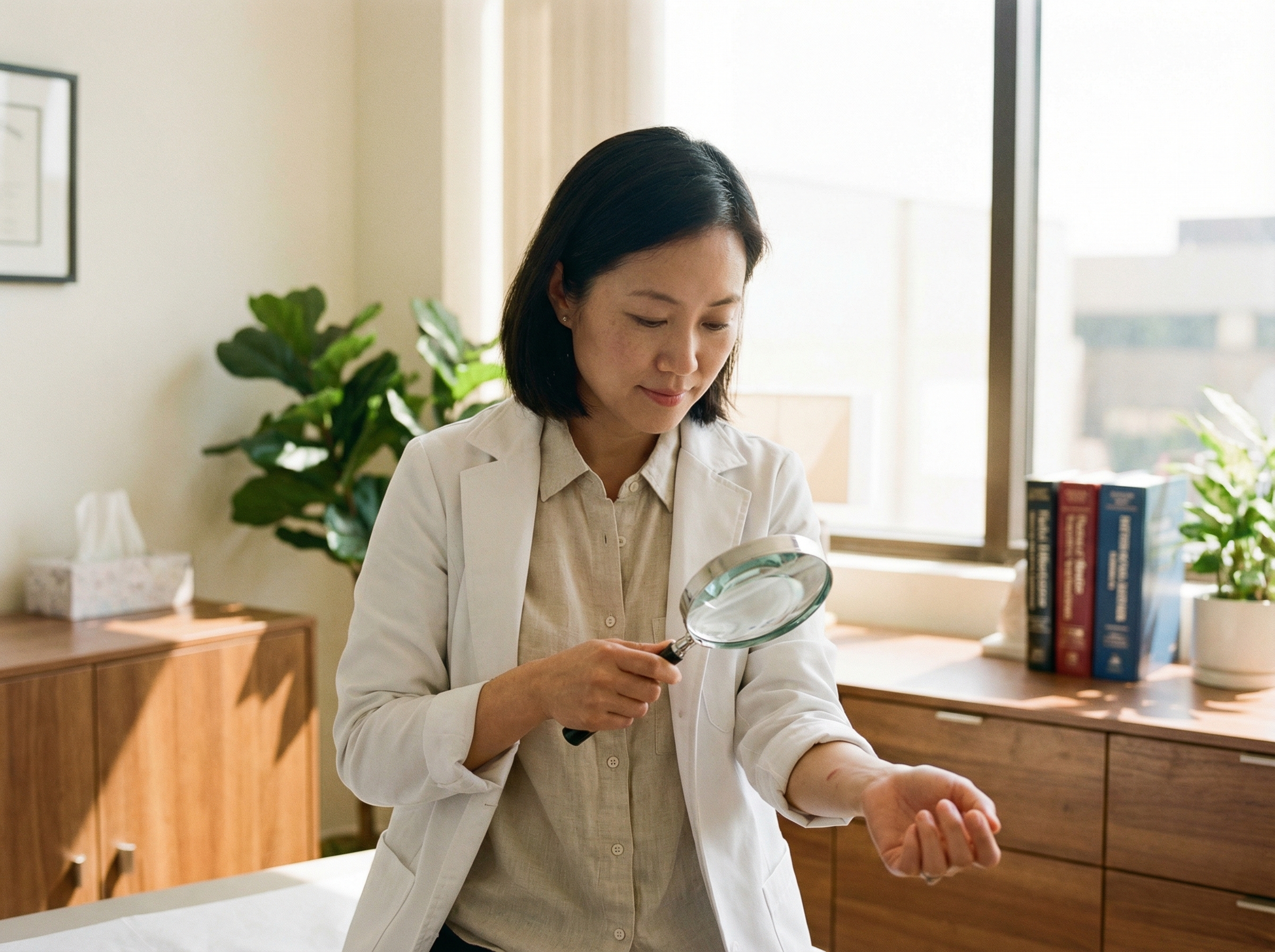 A person gently checking their arm skin with a magnifying glass, professional and clean atmosphere, warm natural indoor lighting, 4:3