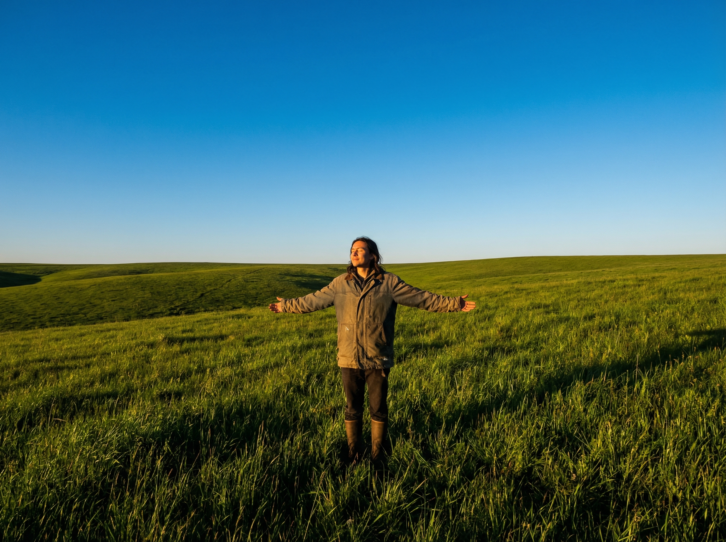 A person standing in a wide green field under a clear blue sky, feeling peaceful and grounded, cinematic lighting, realistic style, high contrast, aspect ratio 4:3, no text