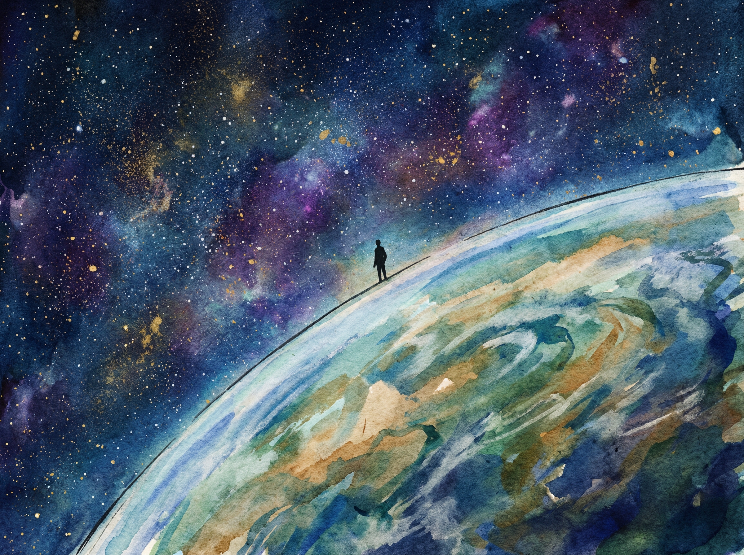 An artistic illustration showing the vast curvature of the Earth against a starry space background, a tiny silhouette of a person standing on the edge to emphasize scale, textured background, artistic rendering, aspect ratio 4:3, no text