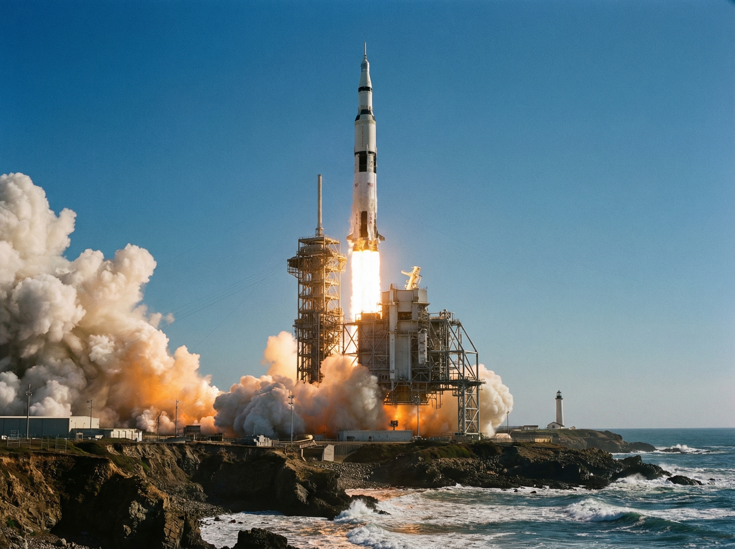 A majestic space rocket launching from a coastal pad into a clear blue sky, massive plumes of white smoke and orange fire erupting from the base, cinematic low angle shot, 4:3 aspect ratio, high resolution, realistic photography style, no text.