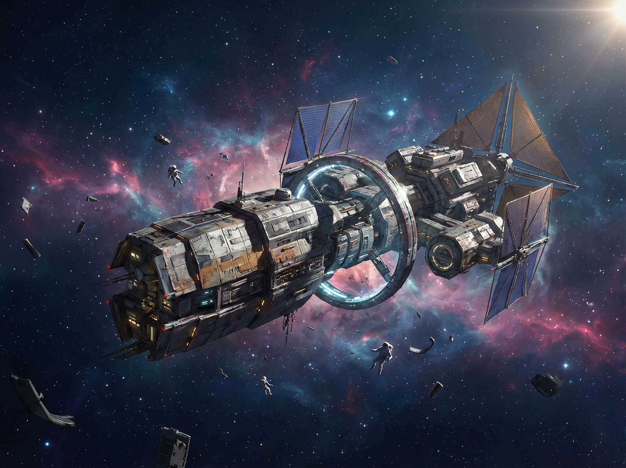 A futuristic spacecraft floating in the deep void of space, surrounded by distant stars and colorful nebulae, zero gravity environment, cinematic lighting, 4:3 aspect ratio, high quality digital art, no text.