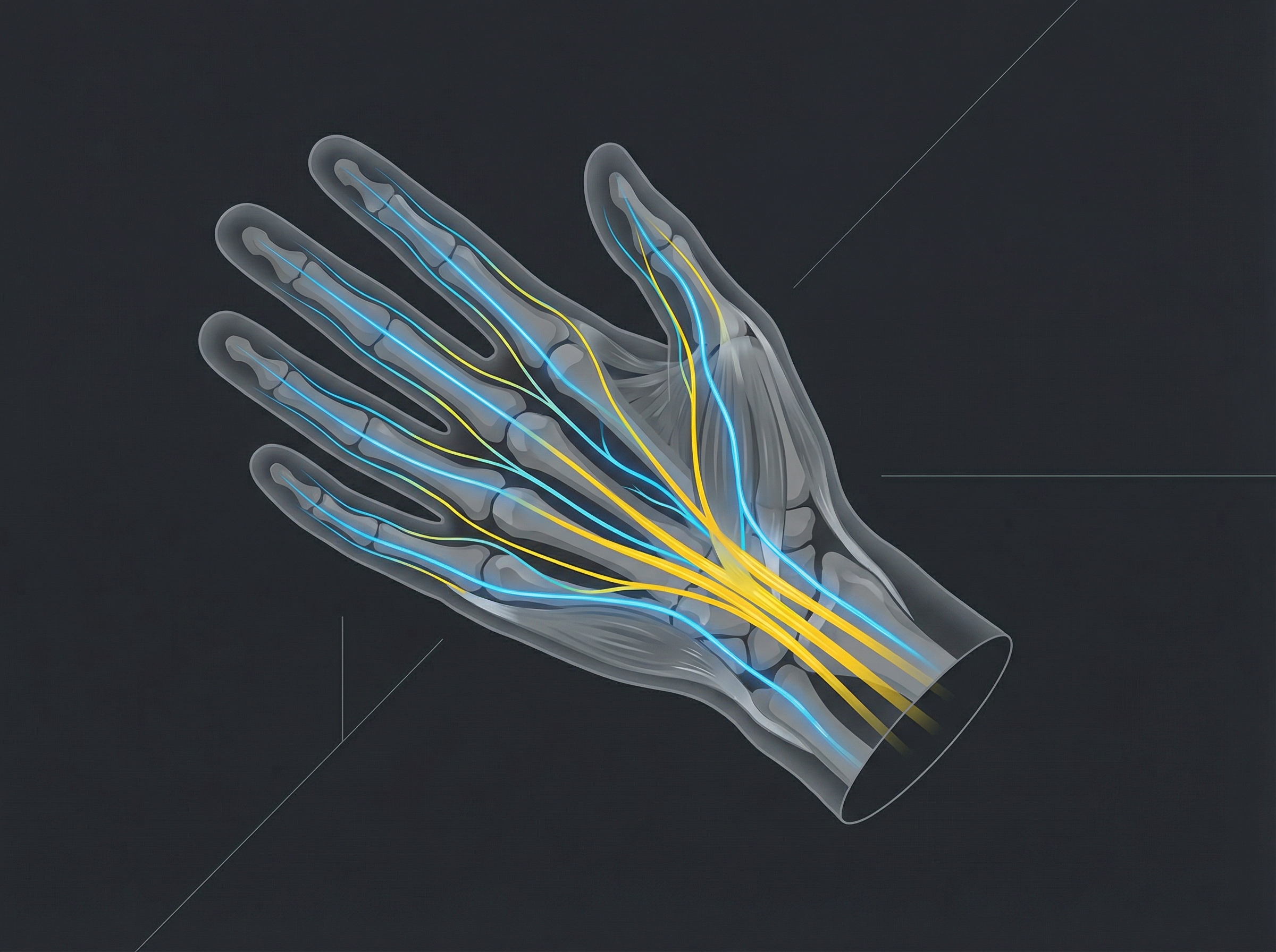 Clean medical infographic showing the anatomy of a human hand and wrist, highlighting tendons and nerves, modern layout, high contrast, 4:3 aspect ratio, no text.