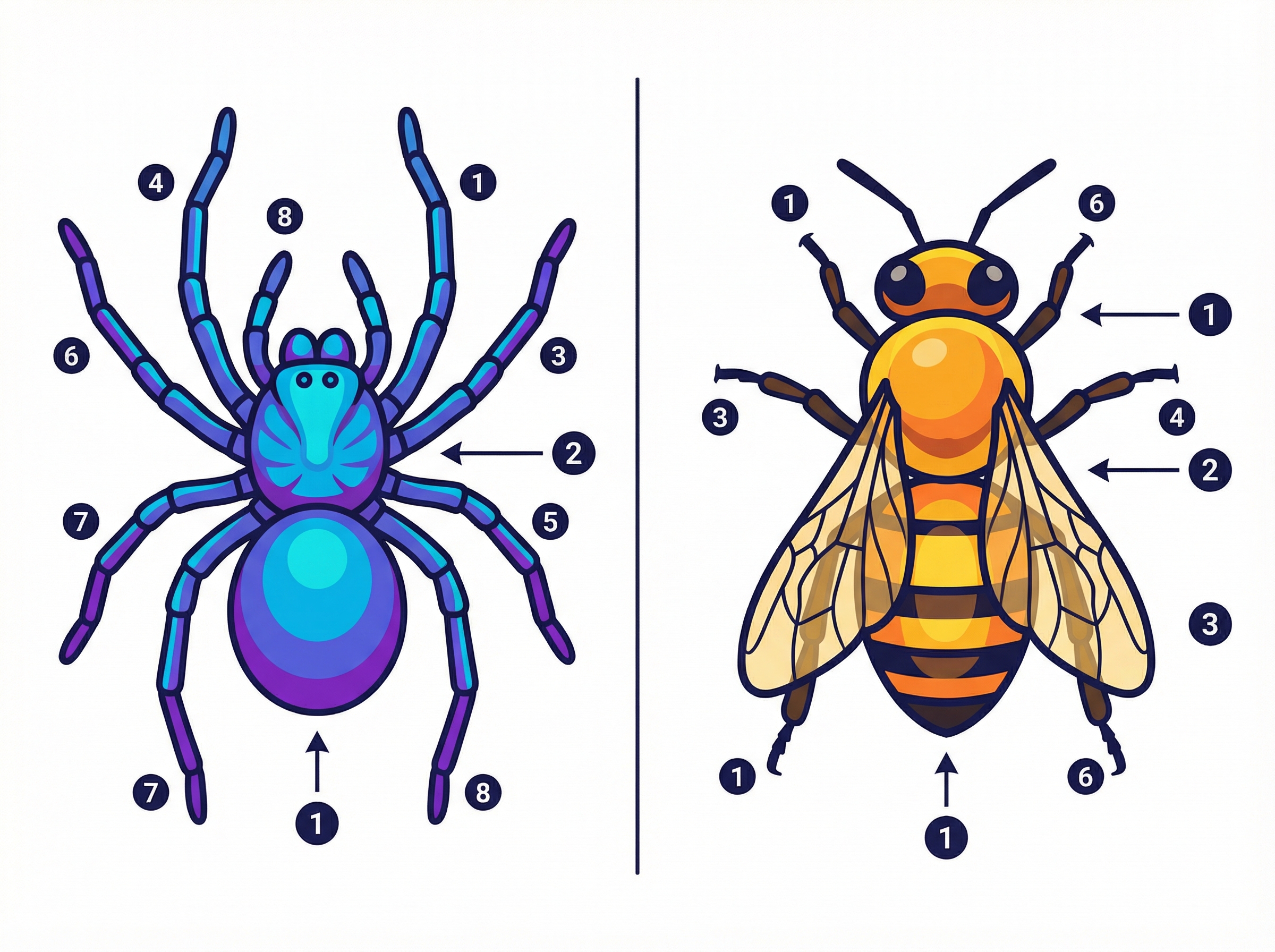 A clean educational infographic comparing a spider and a bee side-by-side. The spider has 8 legs and 2 body segments, the bee has 6 legs and 3 body segments. Vibrant colors, simple professional layout, no text, 4:3 aspect ratio.