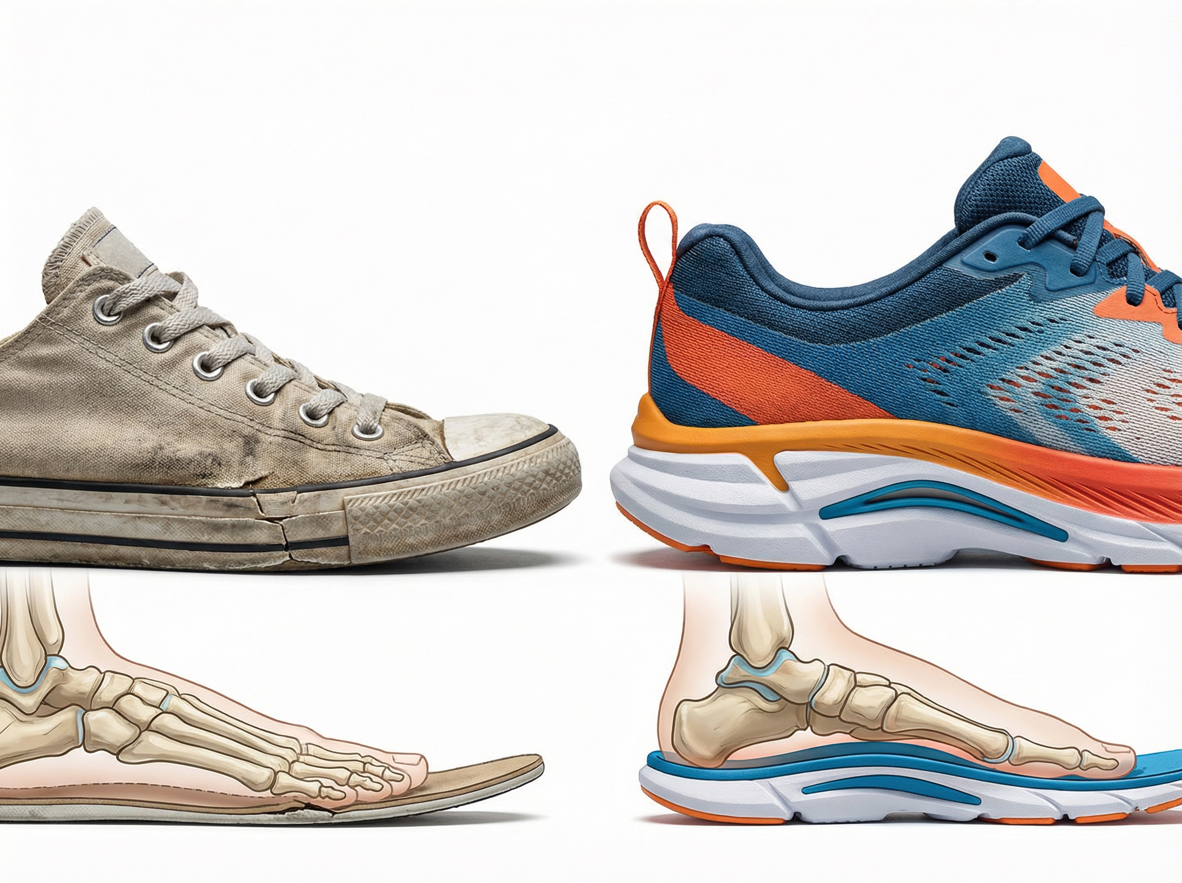 A comparison of a worn-out flat sole sneaker and a modern ergonomic running shoe with arch support, clean studio lighting, high contrast, informational layout, 4:3, no text