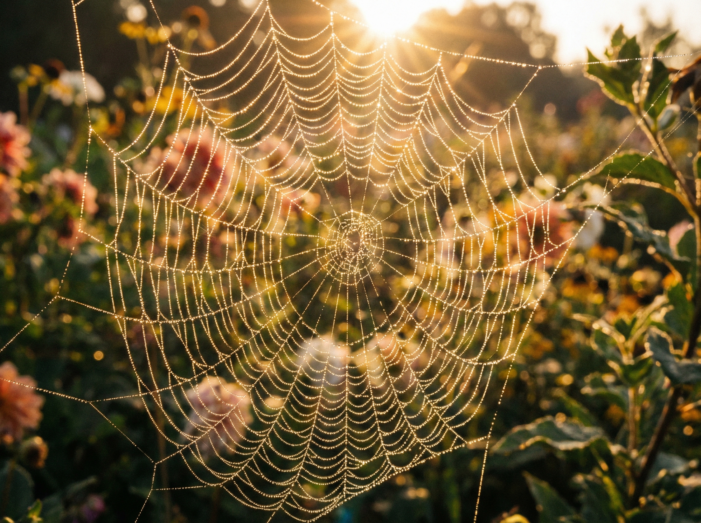 A dew-covered spider web glinting in the morning sun, intricate silk patterns, blurred garden background, golden hour lighting, artistic and textured, 4:3 aspect ratio, no text.