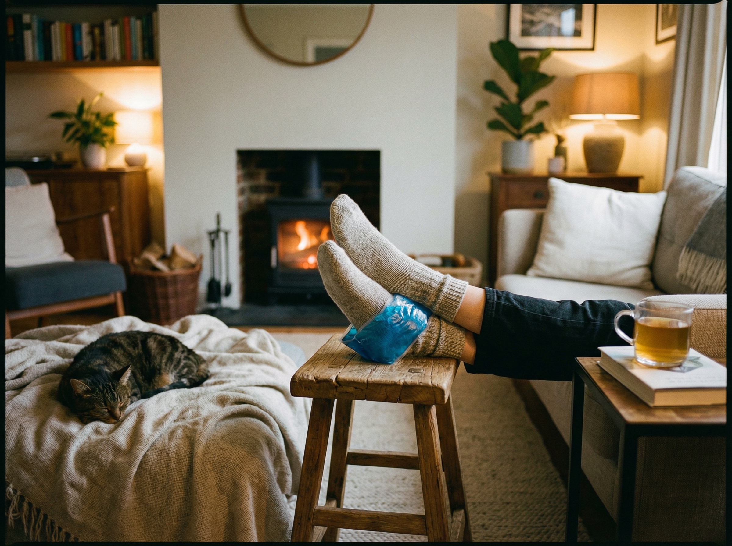 A detailed composition of a cozy living room with a person's feet resting on a stool, a cold gel pack applied to the heel, soft atmospheric lighting, visually rich, 4:3, no text
