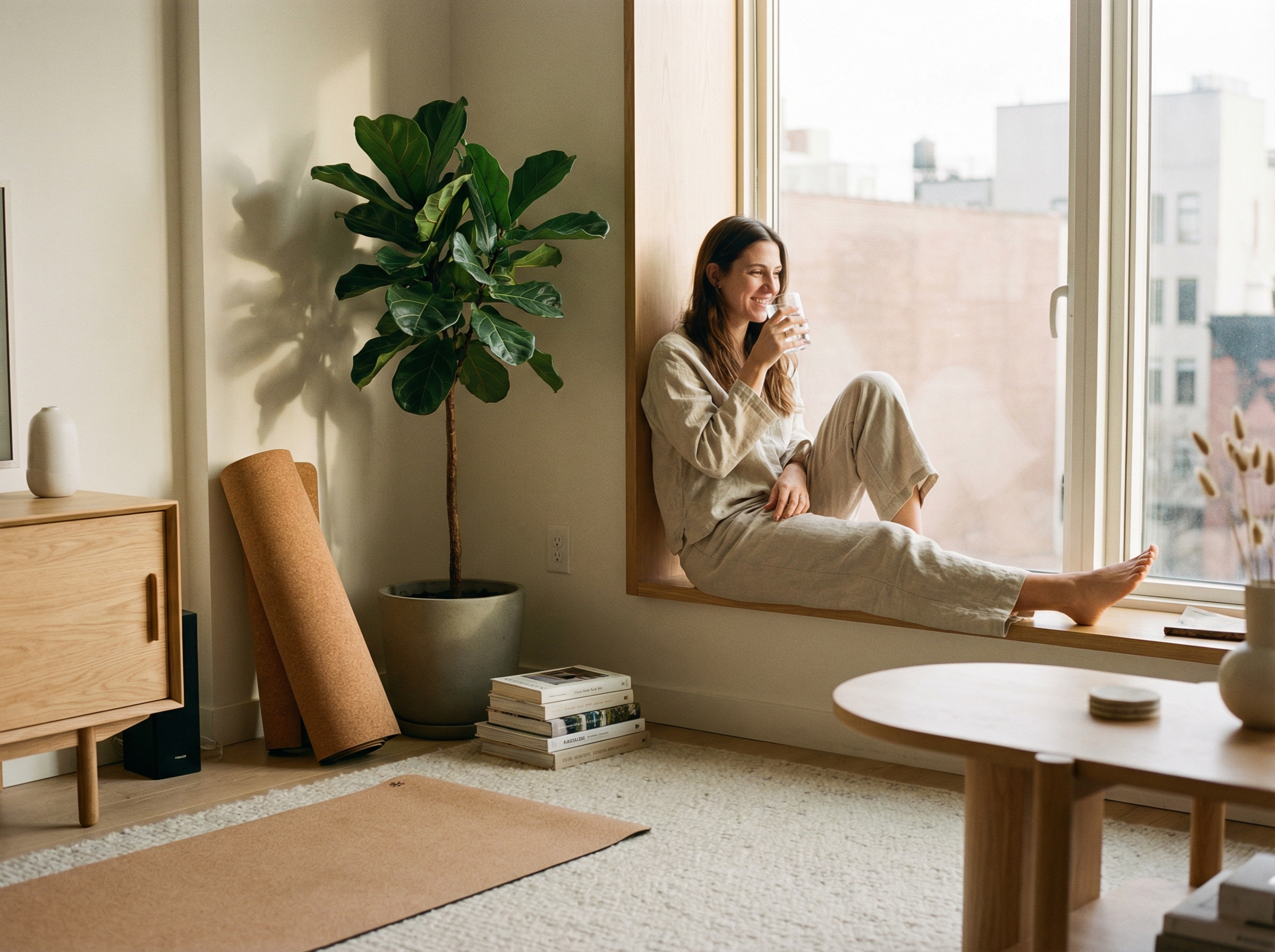 A modern and clean living space with a person drinking a glass of water near a window. A yoga mat is rolled up in the corner, symbolizing a healthy lifestyle. Realistic and warm atmosphere, soft lighting, 4:3 aspect ratio, no text.