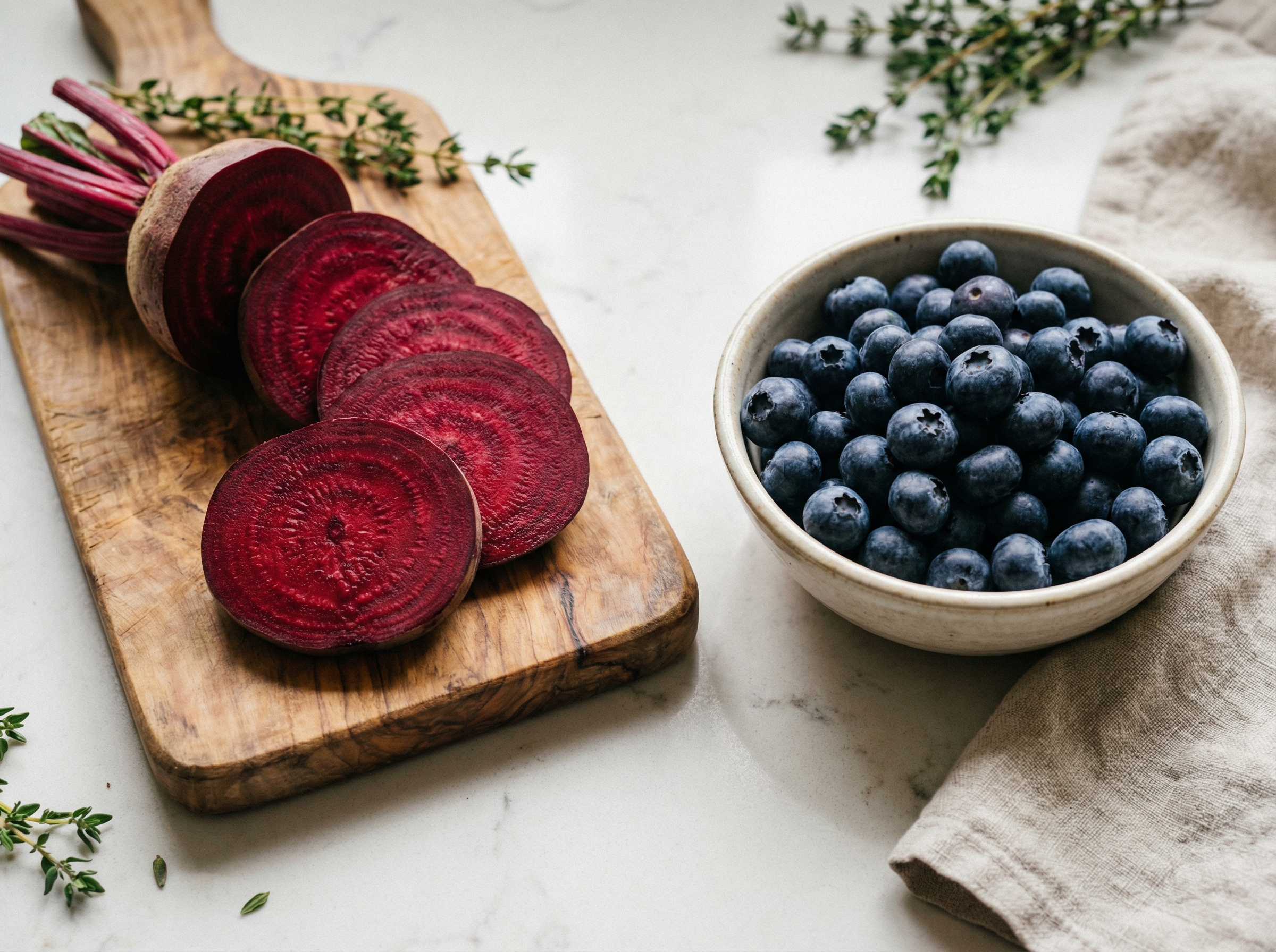 Fresh sliced beets and a bowl of blueberries on a clean kitchen counter, rich deep colors, professional food styling, 4:3 aspect ratio, no text