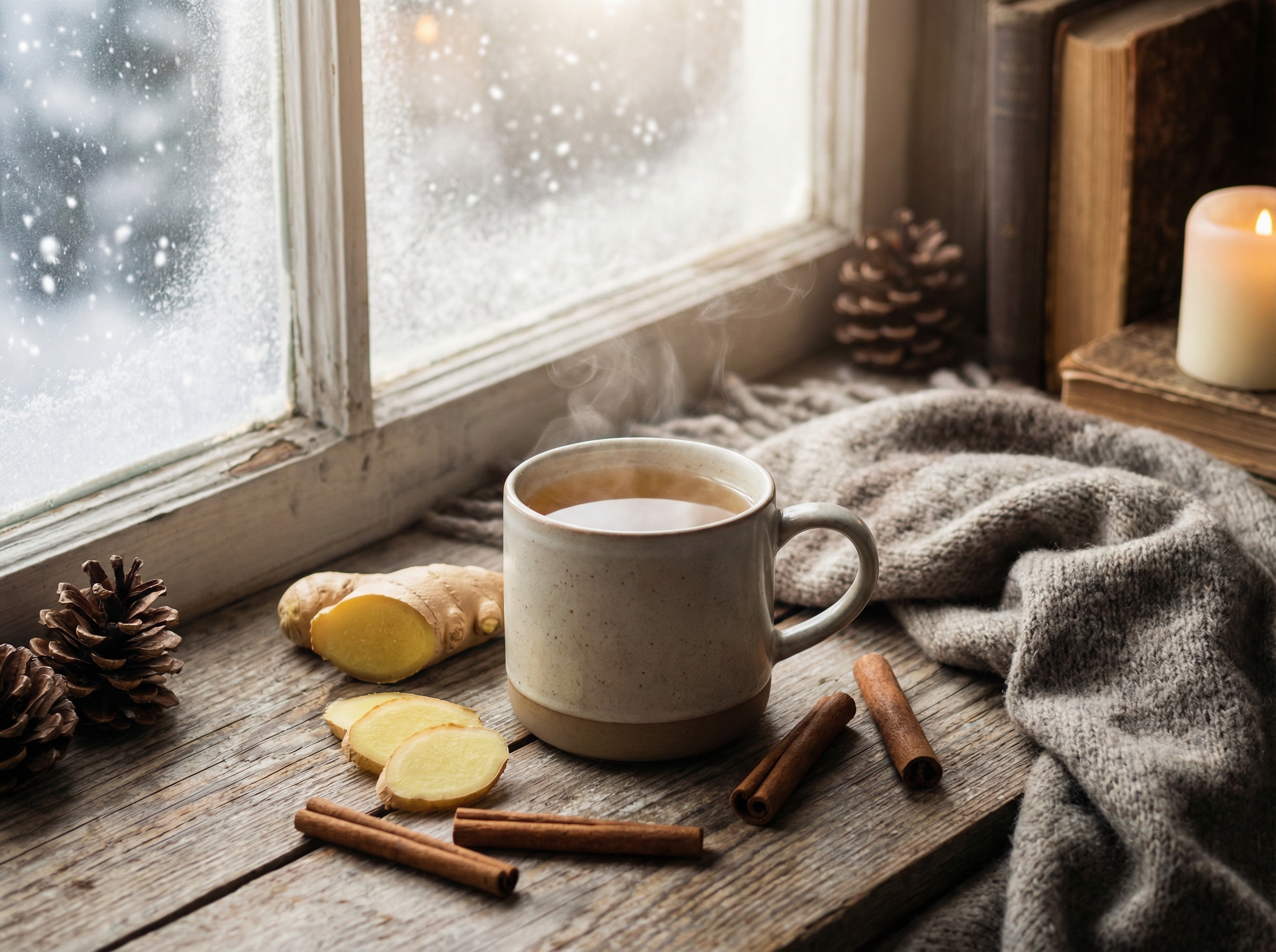 A steaming ceramic cup of ginger tea with ginger slices and cinnamon sticks nearby, cozy winter atmosphere by a window, soft warm lighting, 4:3 aspect ratio, no text
