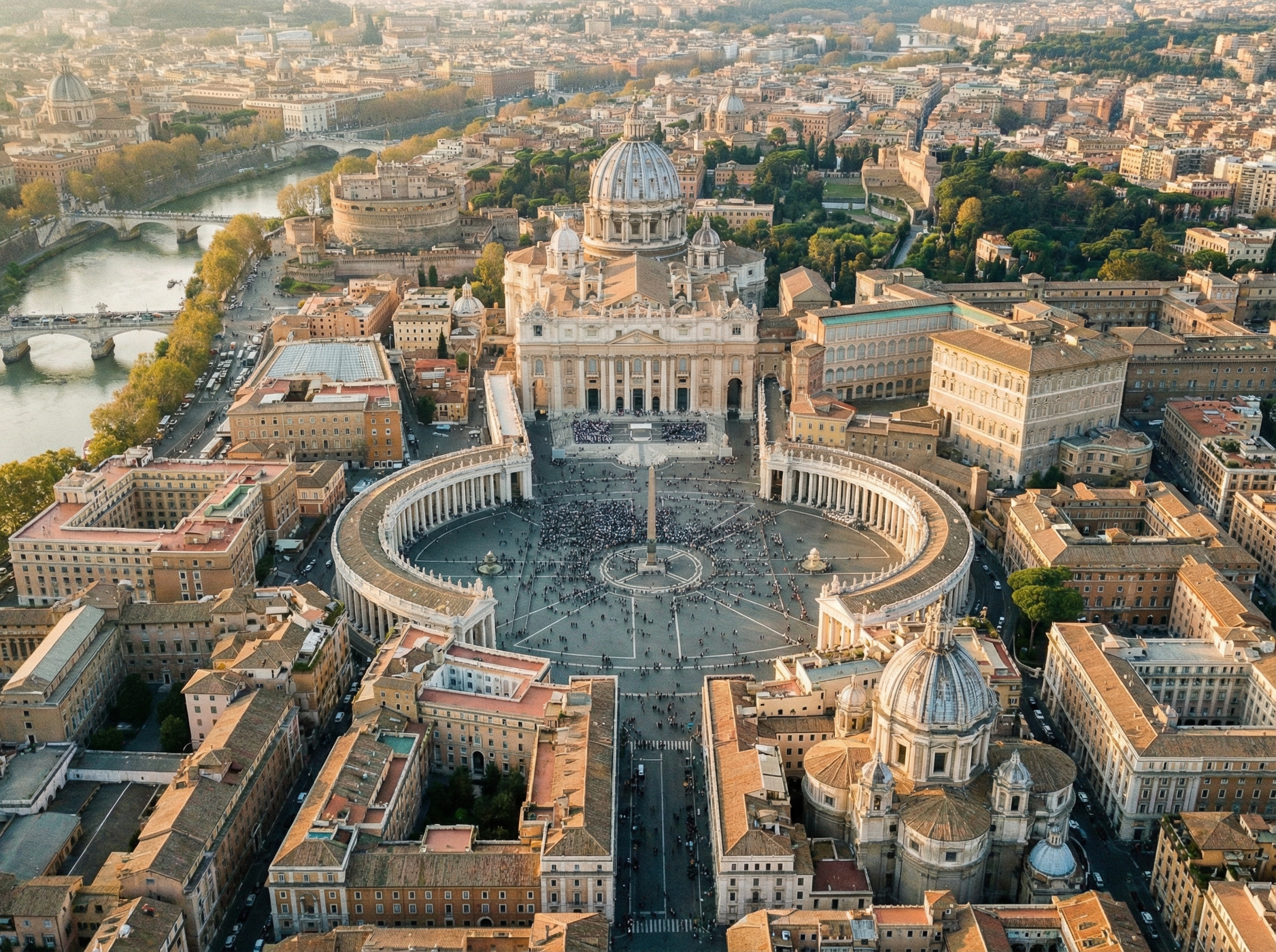 A breathtaking wide aerial view of Vatican City showing St. Peters Square and the Basilica surrounded by the city of Rome, historic architecture, grand stone walls, 4:3 aspect ratio, no text.
