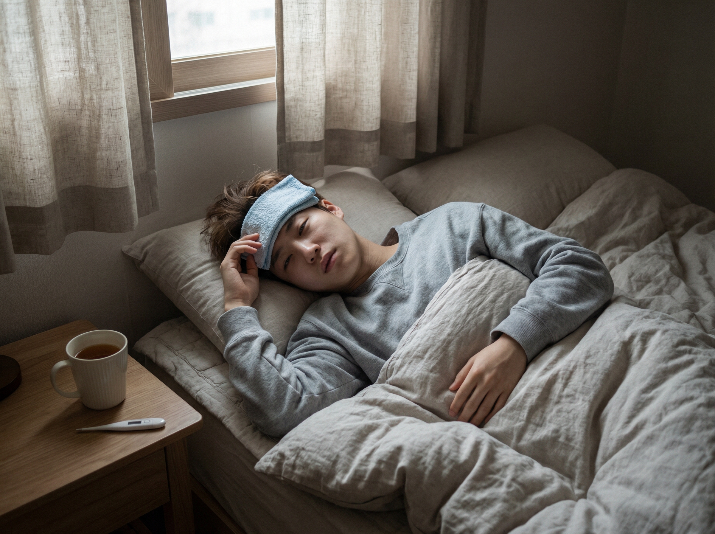 A high-quality lifestyle photo of a Korean person lying in bed with a cold compress on their forehead, looking unwell, symbolizing fever and chills from a systemic allergic reaction. Soft indoor lighting, 4:3 aspect ratio, no text.