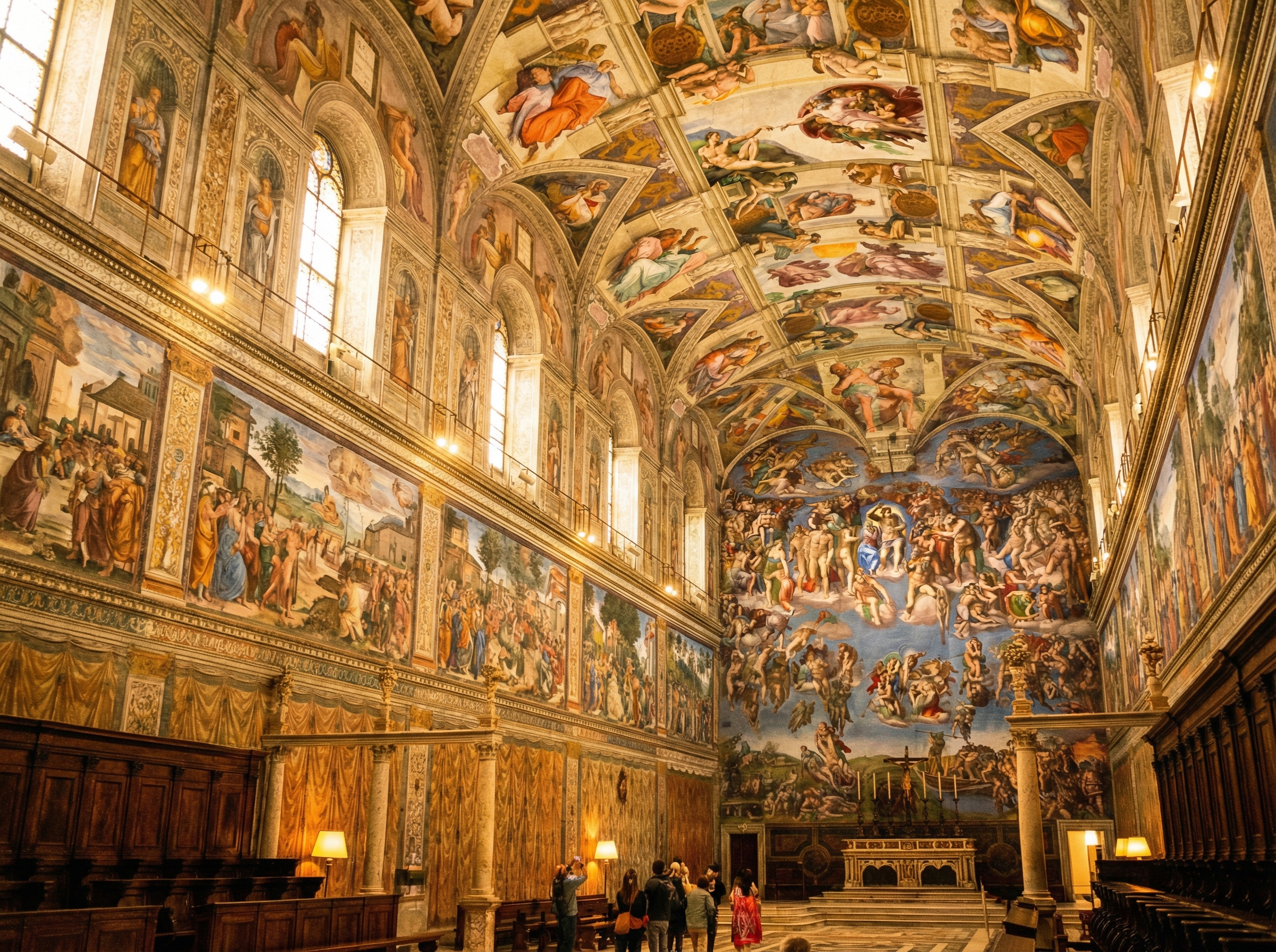 Interior of the Sistine Chapel showing artistic ceiling frescoes and classical Renaissance atmosphere, warm lighting, detailed texture, 4:3 aspect ratio, no text.