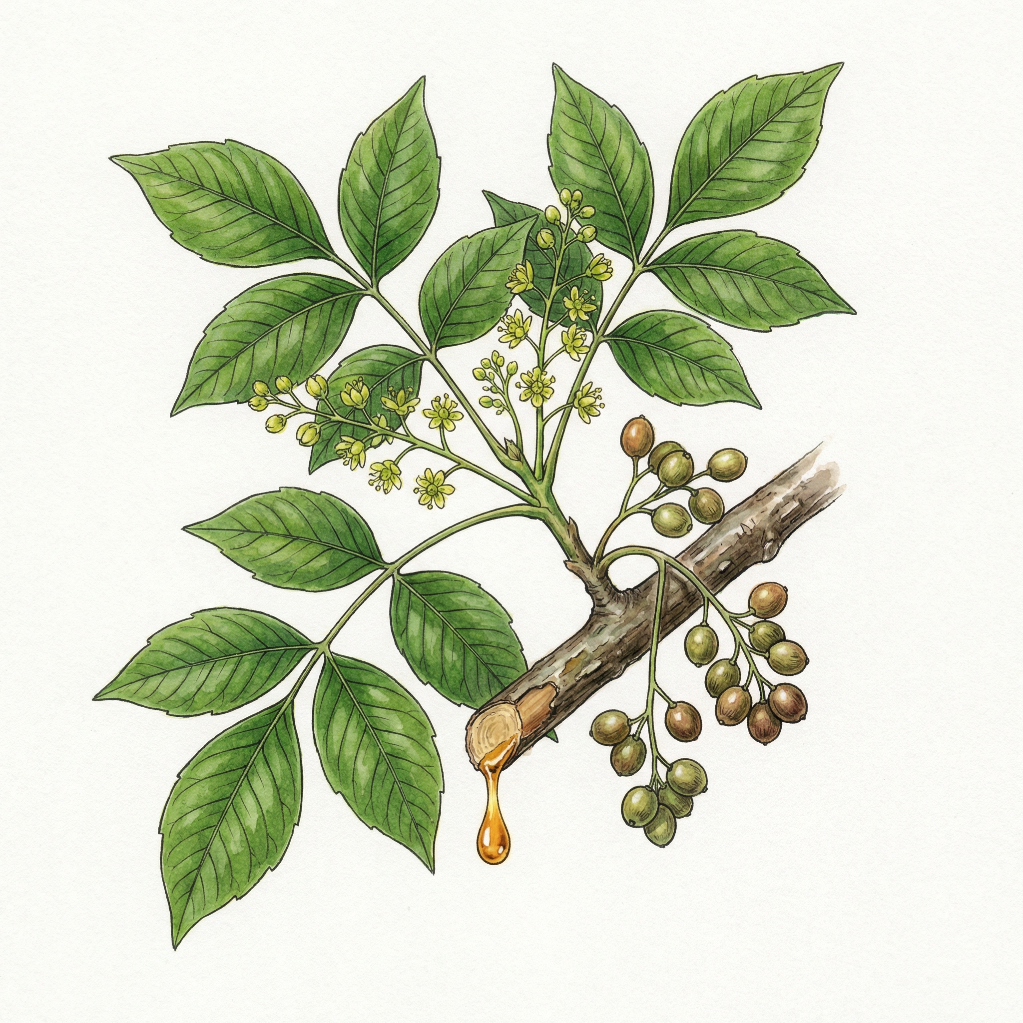 A detailed botanical illustration of a lacquer tree branch with green leaves and a drop of urushiol sap. Realistic and clean scientific style, bright background, 1:1 aspect ratio, no text.