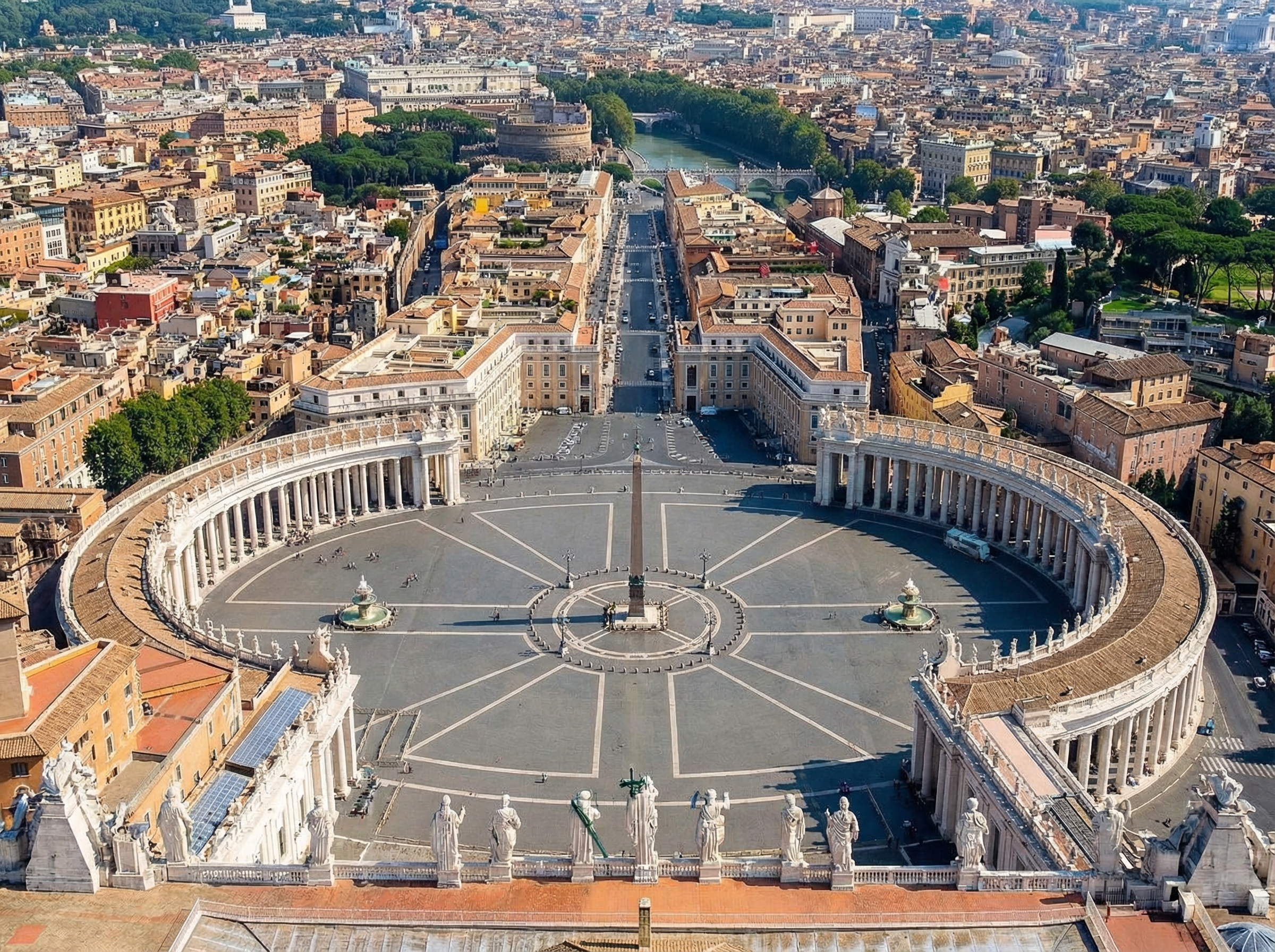 Detailed view of St. Peters Square from above showing the keyhole shape and symmetrical colonnades, grand scale, marble paving, 4:3 aspect ratio, no text.