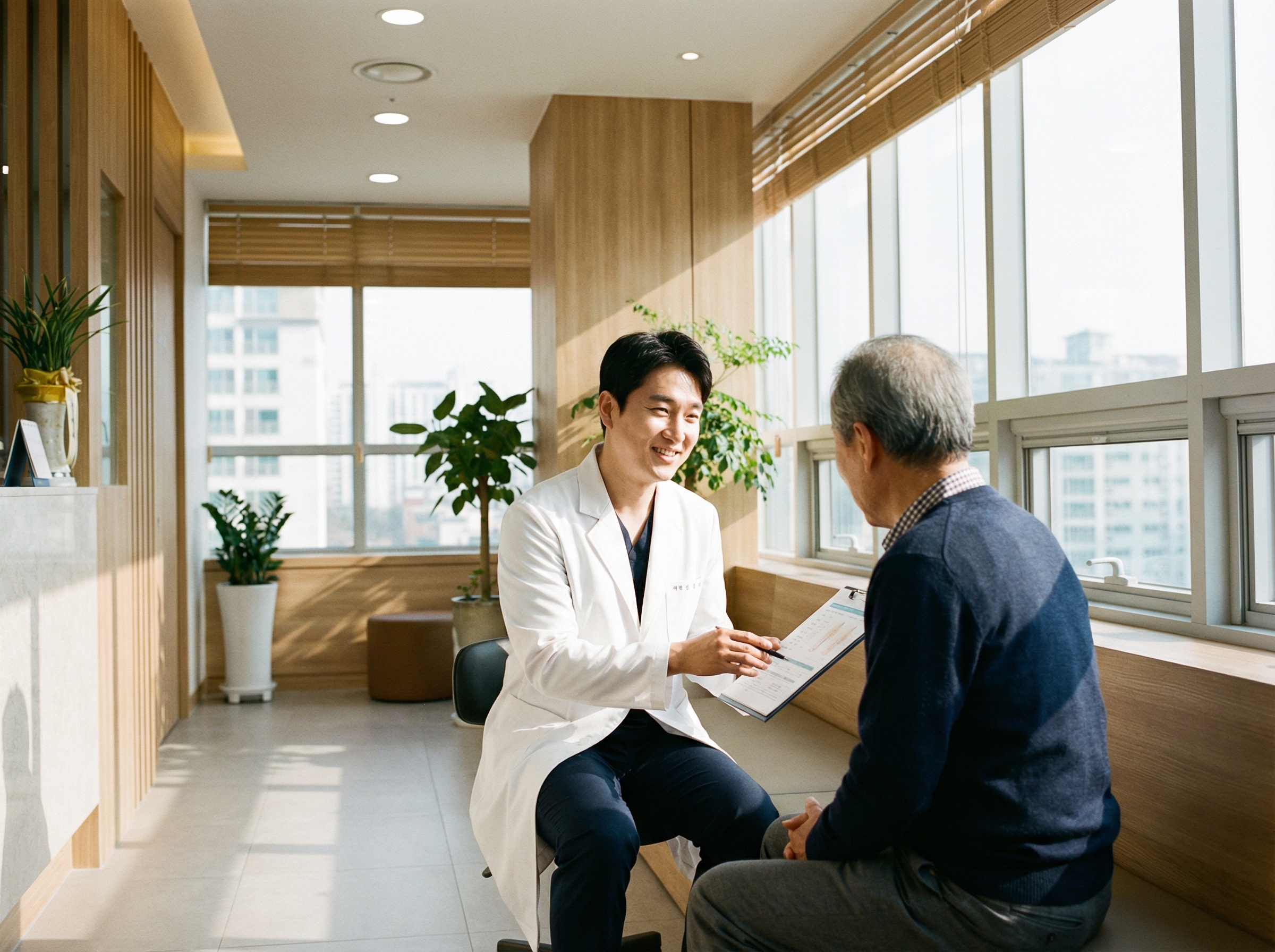 A clean and professional scene of a Korean doctor in a white coat consulting a patient in a modern clinic. The doctor is explaining something kindly. Bright and trustworthy atmosphere, 4:3 aspect ratio, no text.
