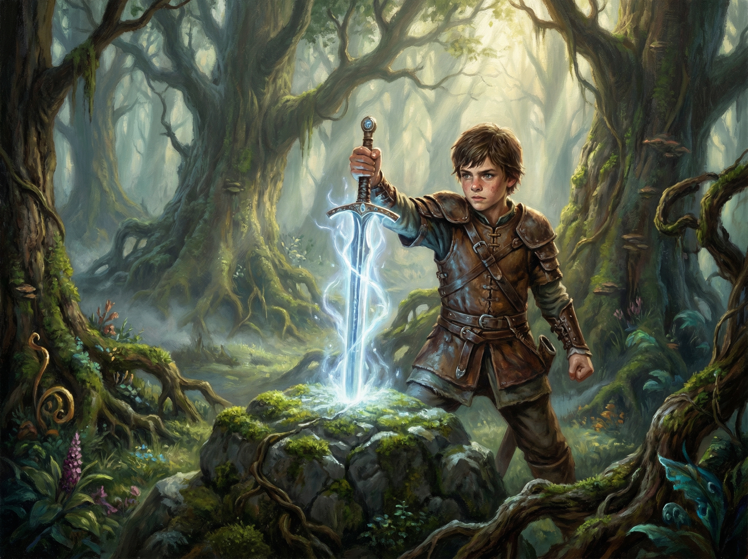 A young King Arthur pulling a glowing sword Excalibur from a large stone in a misty enchanted forest, cinematic lighting, artistic rendering, high detail, 4:3, no text