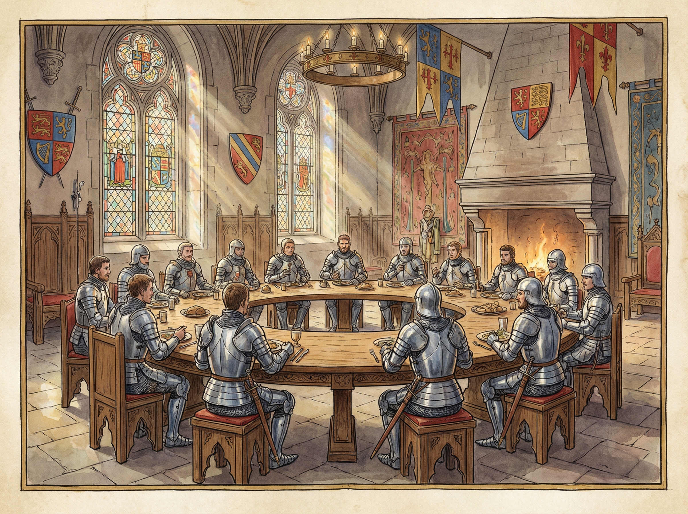 Medieval knights in shining armor sitting at a large wooden round table in a grand castle hall, sunlight streaming through stained glass windows, historical illustration, 4:3, no text