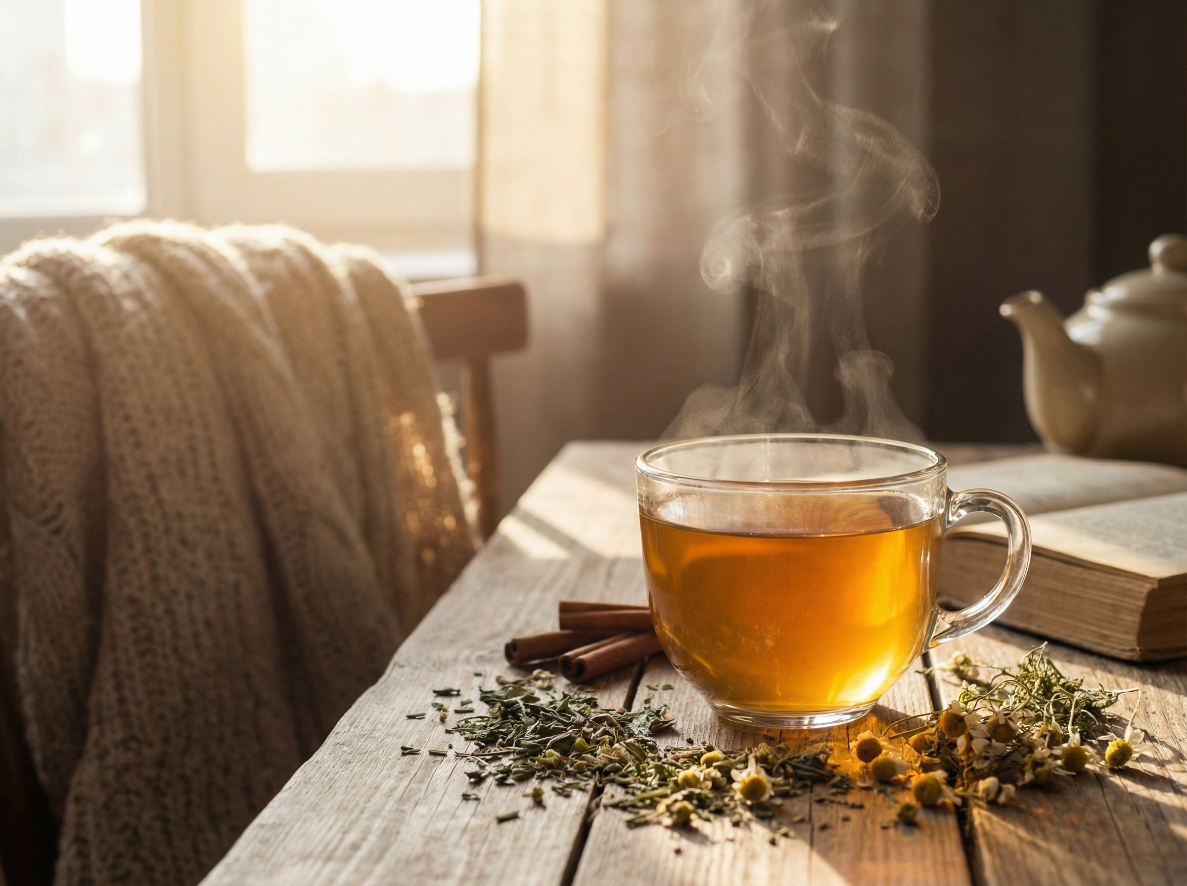 Lifestyle photography of a warm herbal tea in a transparent glass cup on a wooden table, scattered dried green herbs around, soft sunlight through a window, cozy atmosphere, high quality, 4:3 aspect ratio, no text