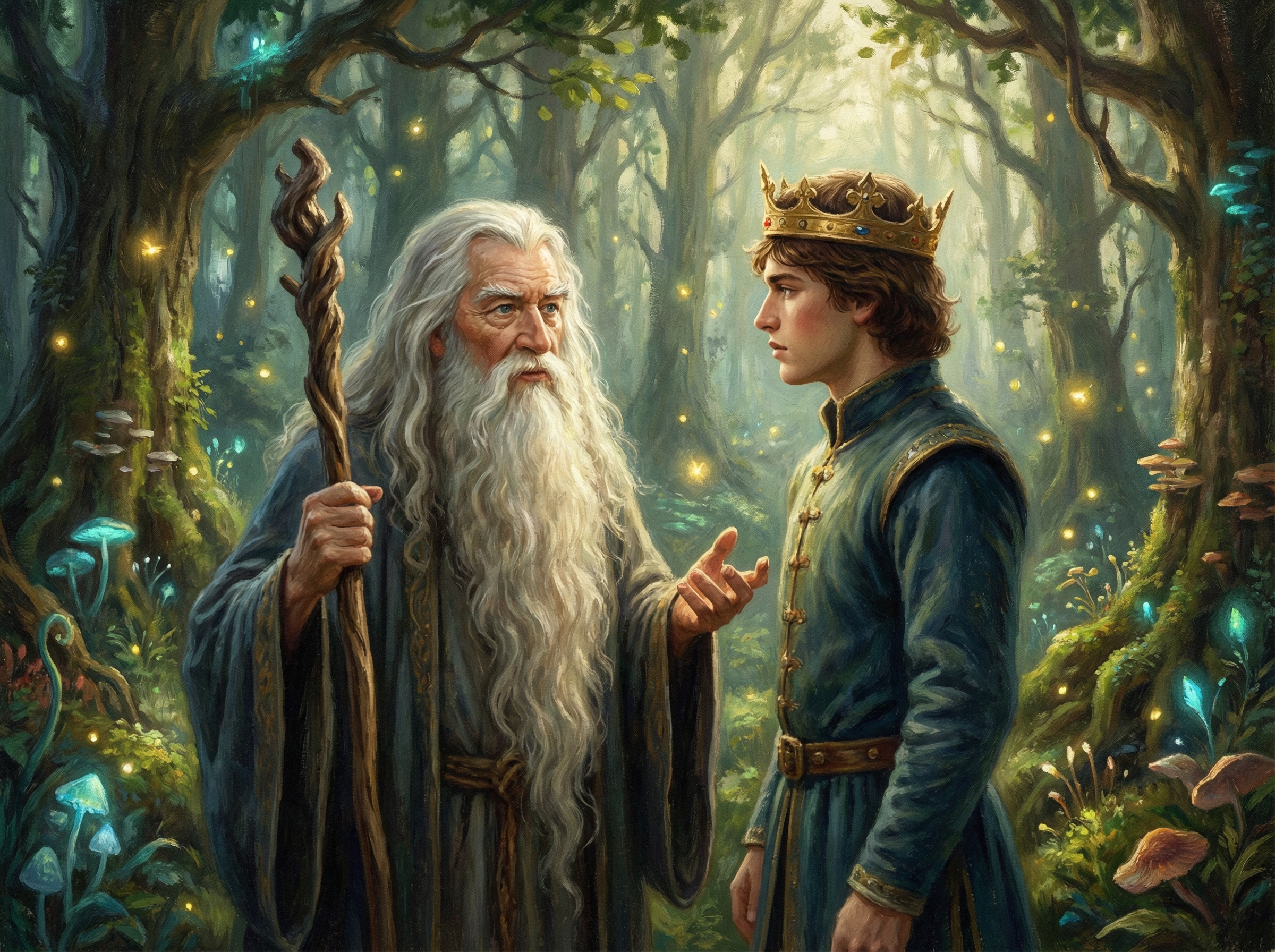 Wise old wizard Merlin with a long white beard and a wooden staff talking to a young King Arthur, mystical forest background with glowing particles, artistic rendering, 4:3, no text