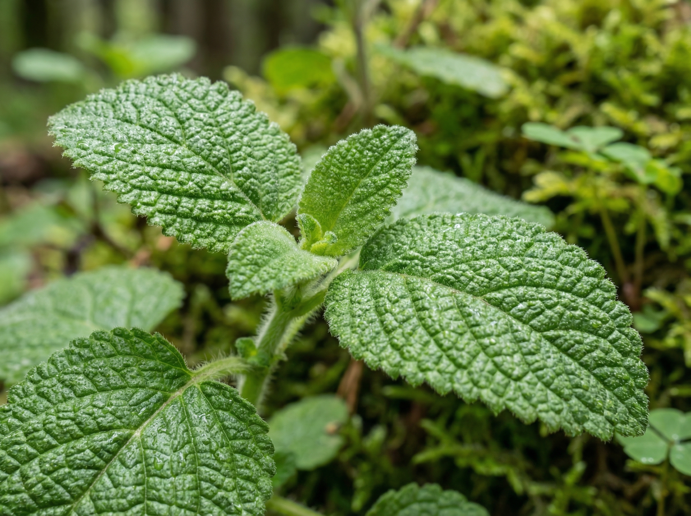 Close up macro shot of fresh Salvia plebeia leaves, detailed texture of the wrinkled surface, vibrant green color, forest background, professional botanical photography, 4:3 aspect ratio, no text